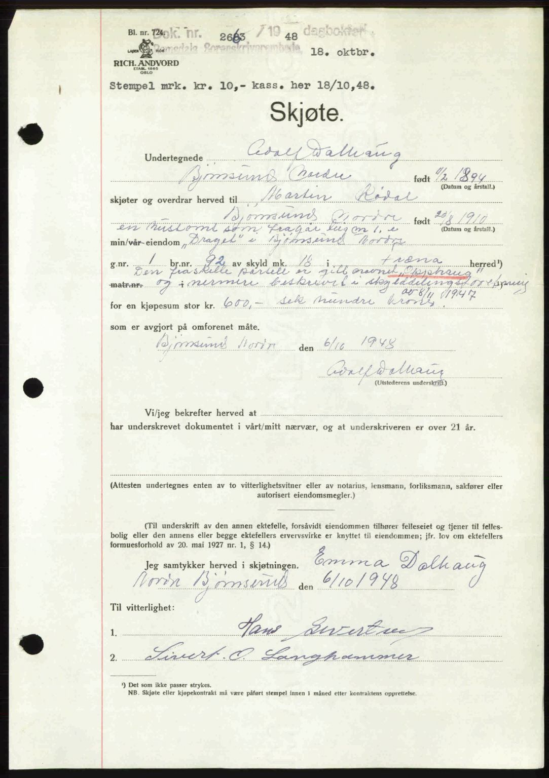 Romsdal sorenskriveri, AV/SAT-A-4149/1/2/2C: Mortgage book no. A27, 1948-1948, Diary no: : 2663/1948