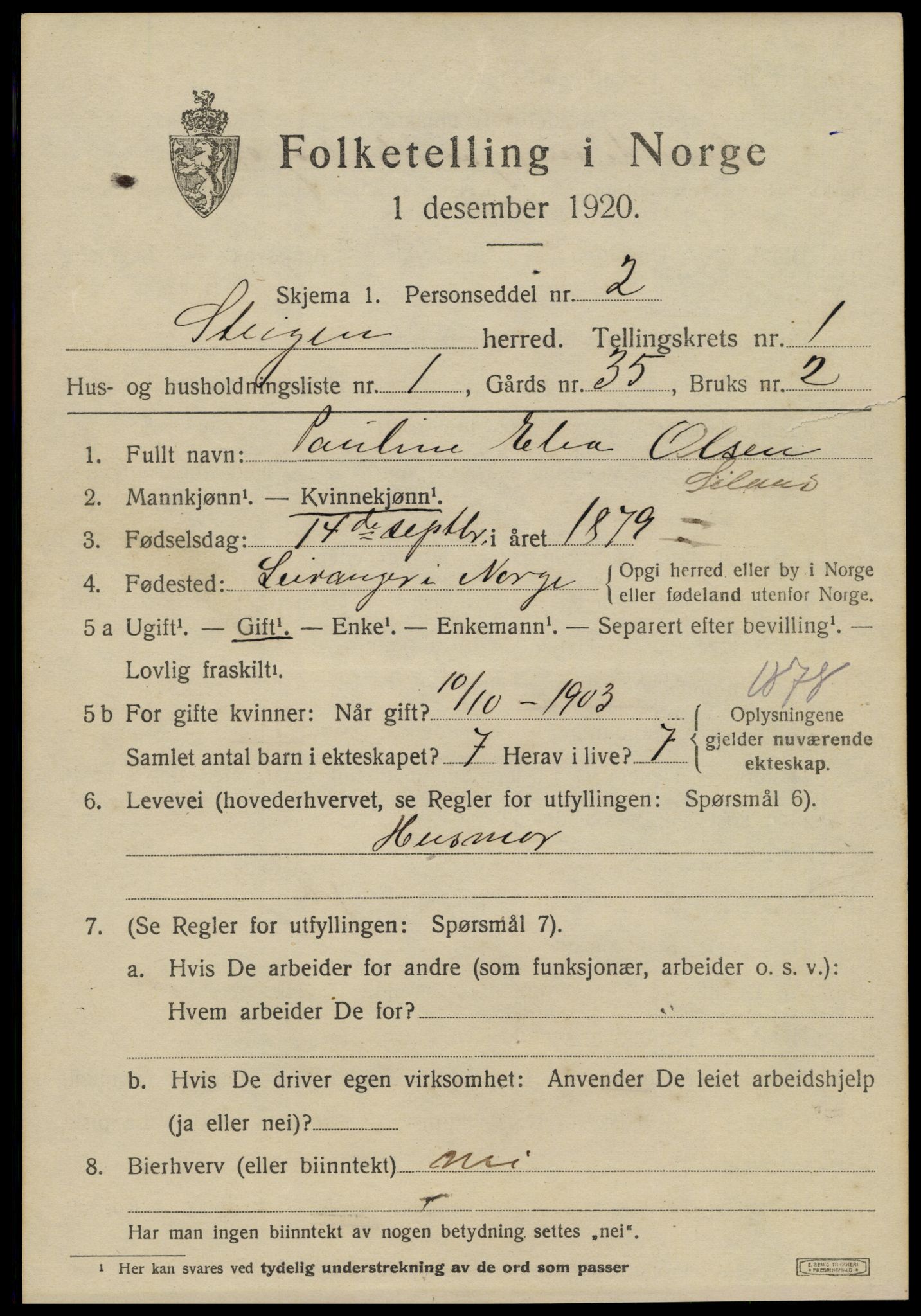 SAT, 1920 census for Steigen, 1920, p. 836