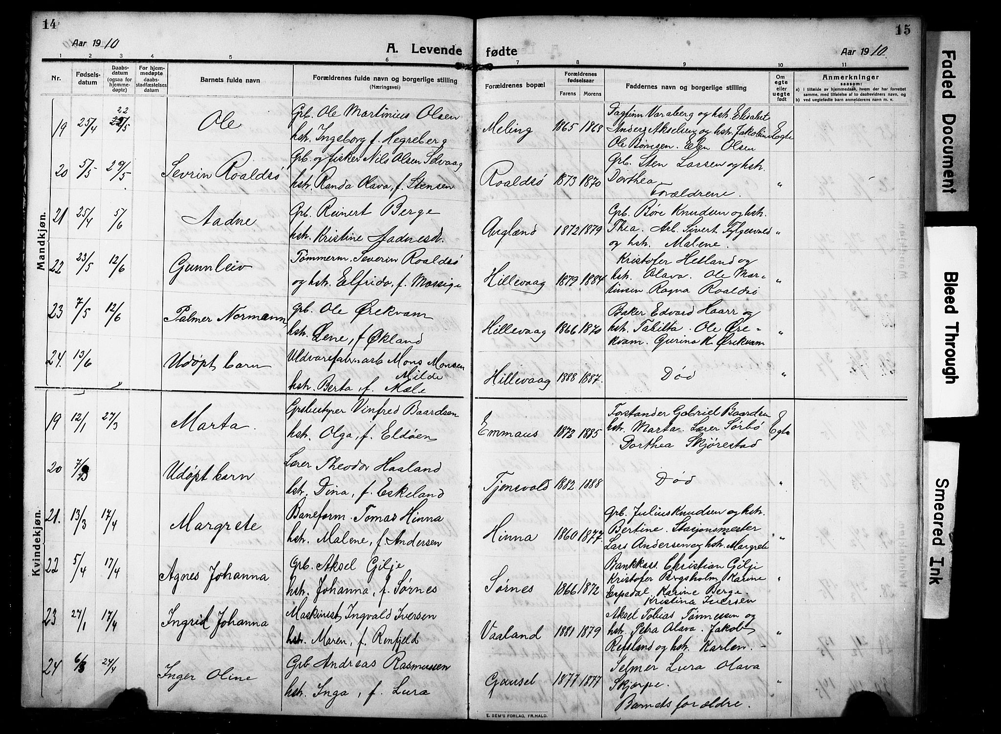 Hetland sokneprestkontor, SAST/A-101826/30/30BB/L0008: Parish register (copy) no. B 8, 1910-1921, p. 14-15