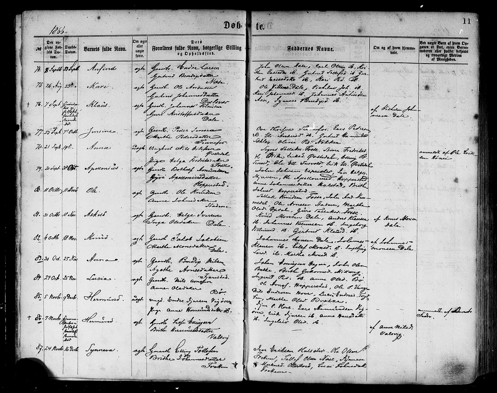 Vik sokneprestembete, AV/SAB-A-81501/H/Haa/Haaa/L0009: Parish register (official) no. A 9, 1866-1877, p. 11