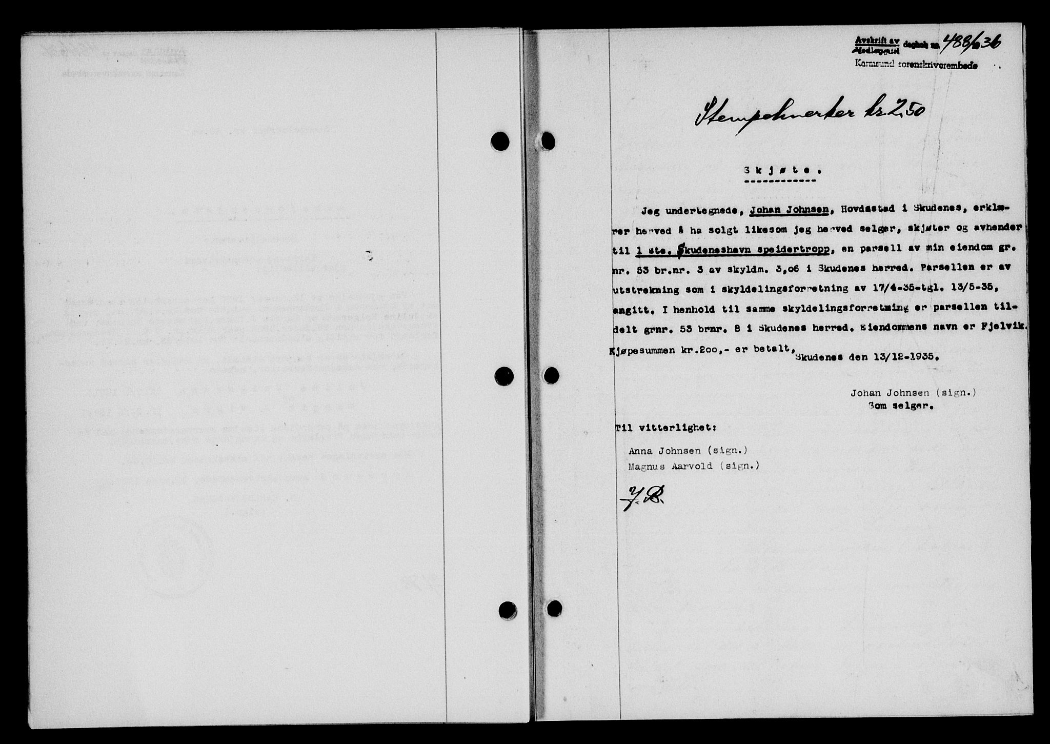 Karmsund sorenskriveri, SAST/A-100311/01/II/IIB/L0066: Mortgage book no. 47A, 1936-1936, Diary no: : 488/1936