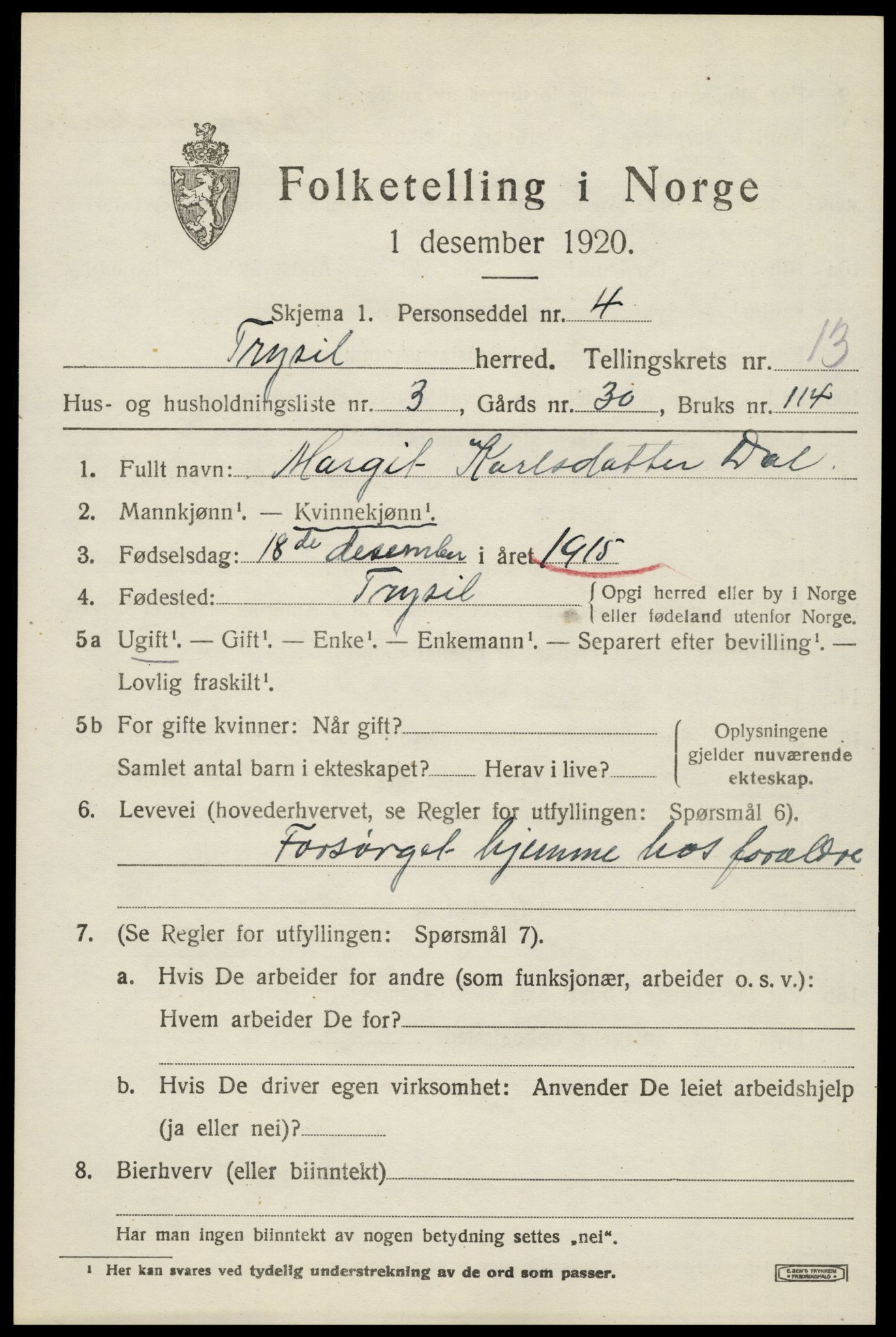 SAH, 1920 census for Trysil, 1920, p. 7651