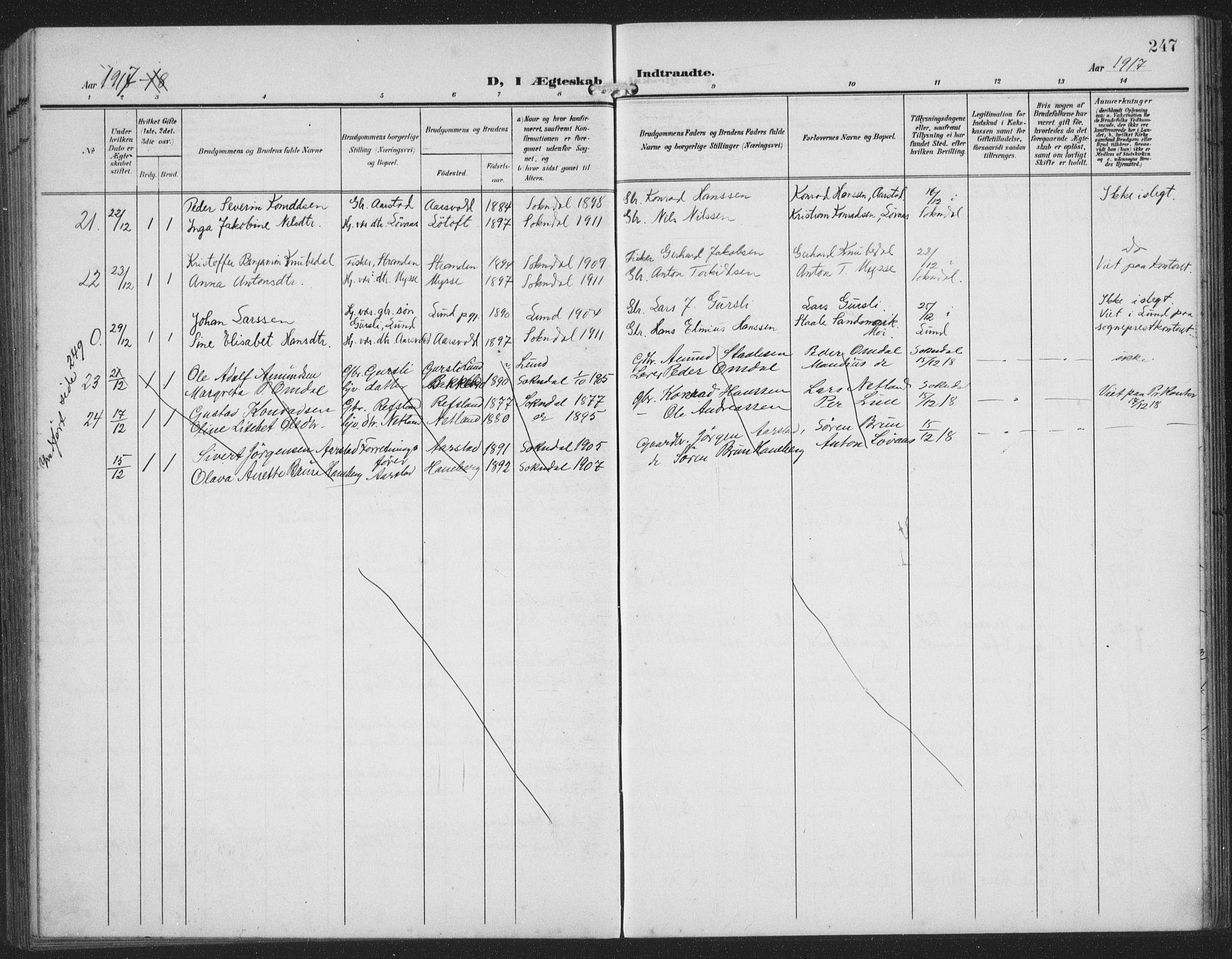 Sokndal sokneprestkontor, AV/SAST-A-101808: Parish register (copy) no. B 8, 1908-1934, p. 247