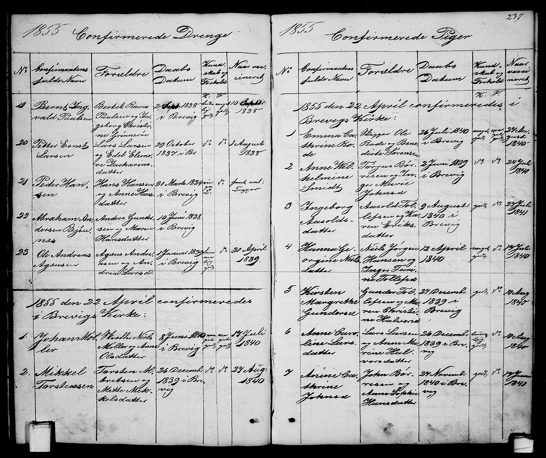 Brevik kirkebøker, AV/SAKO-A-255/G/Ga/L0002: Parish register (copy) no. 2, 1846-1865, p. 237