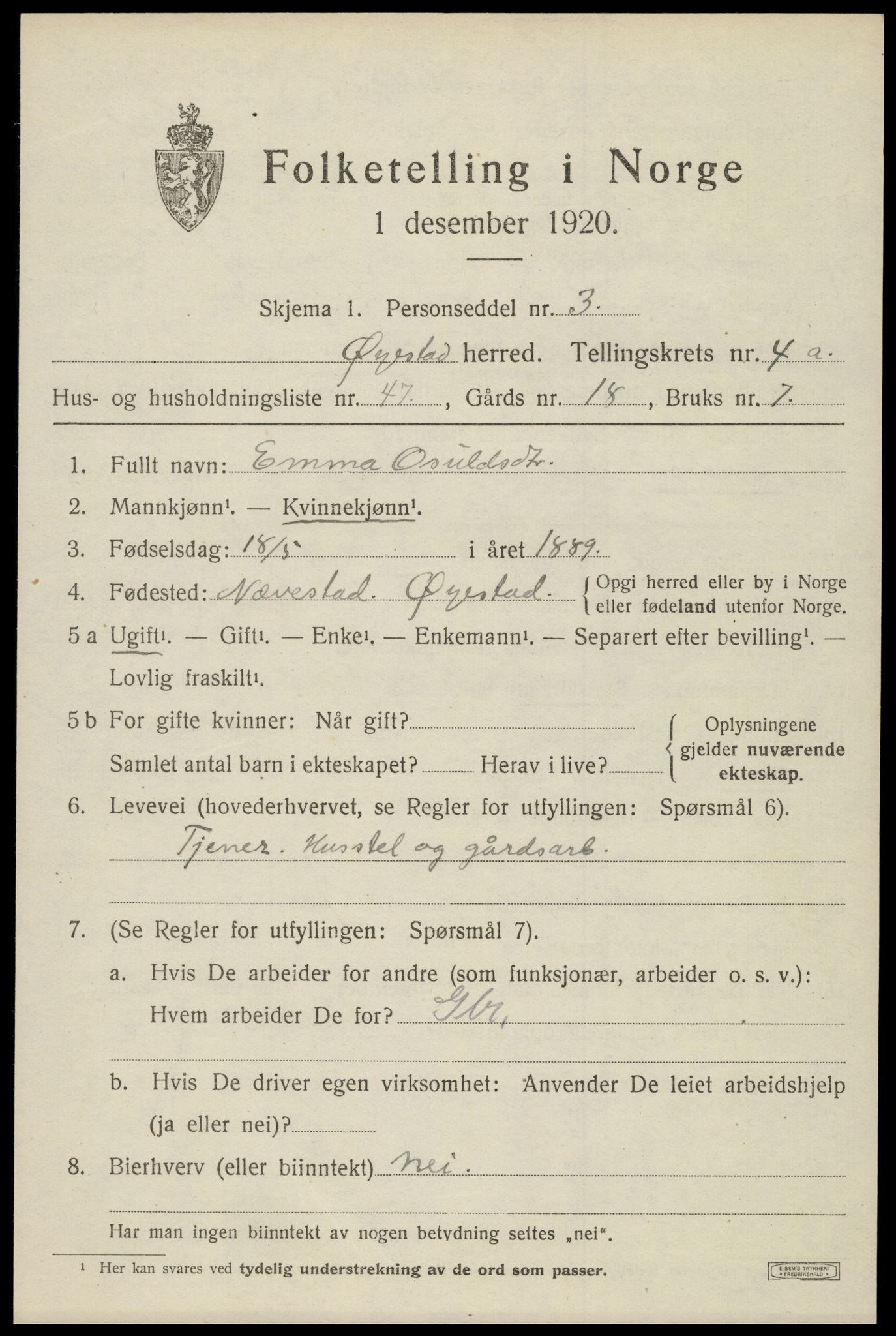 SAK, 1920 census for Øyestad, 1920, p. 3628