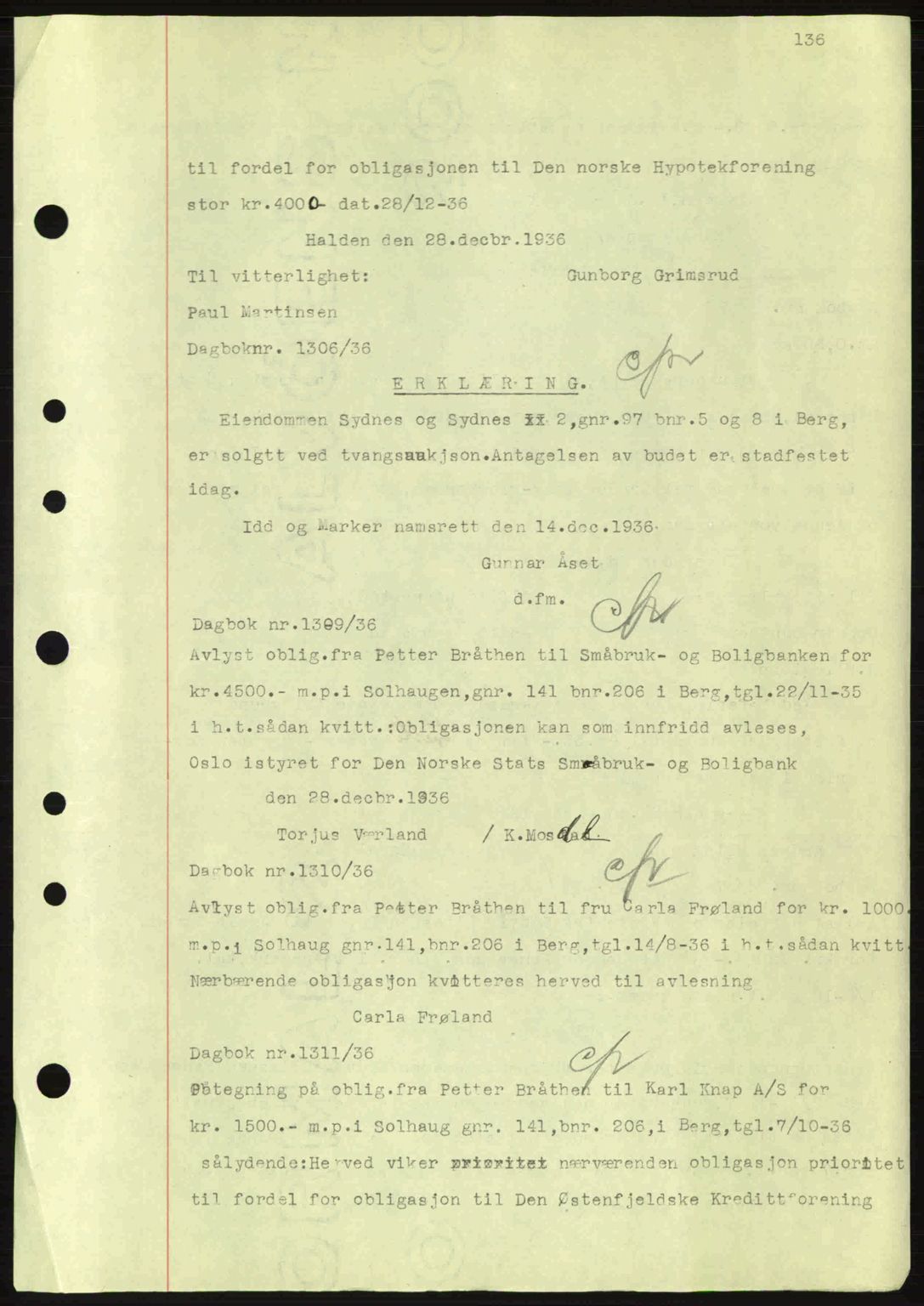 Idd og Marker sorenskriveri, AV/SAO-A-10283/G/Gb/Gbc/L0001: Mortgage book no. B1-3, 1936-1939, Diary no: : 1306/1936