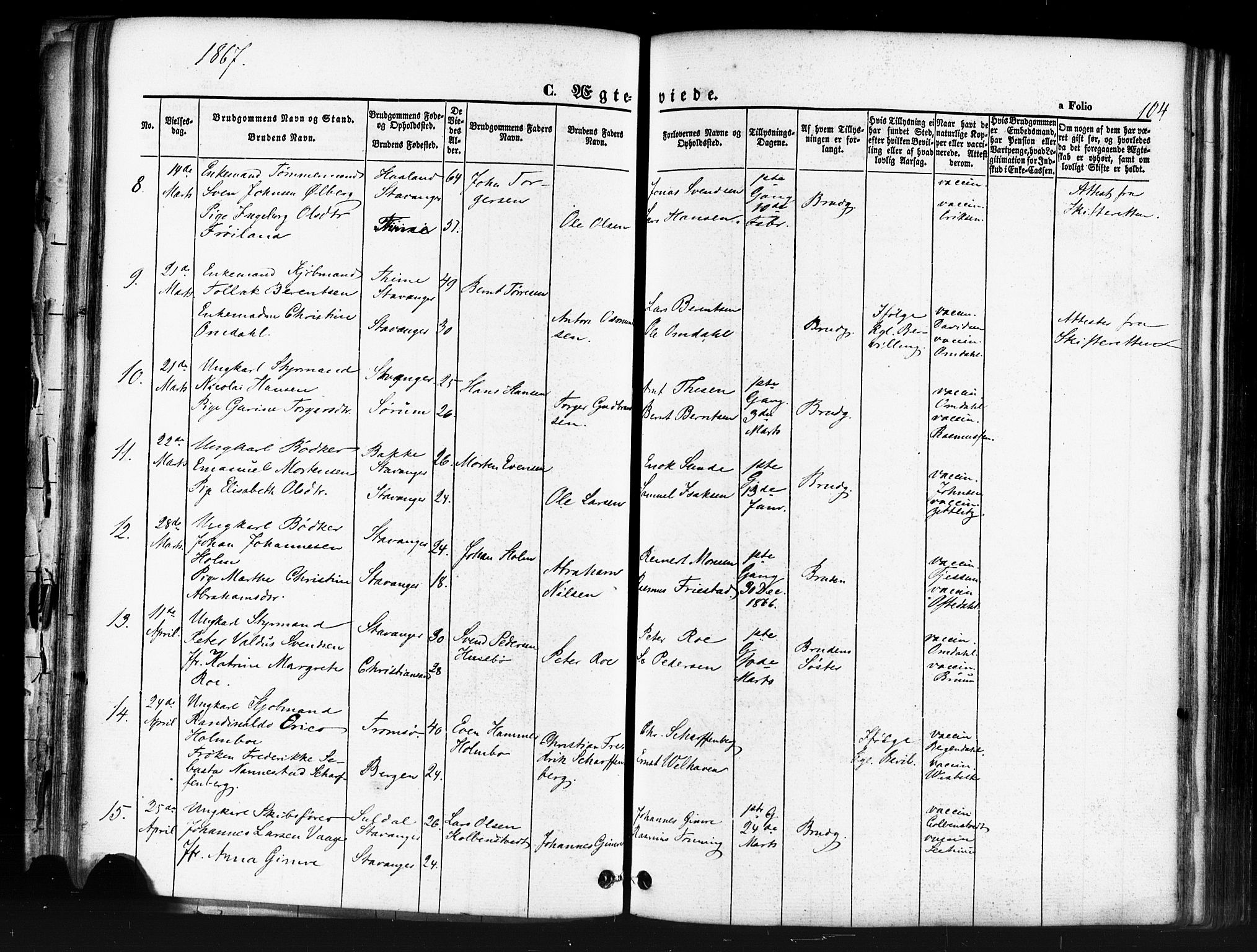 Domkirken sokneprestkontor, SAST/A-101812/001/30/30BB/L0011: Parish register (copy) no. B 11, 1858-1876, p. 104