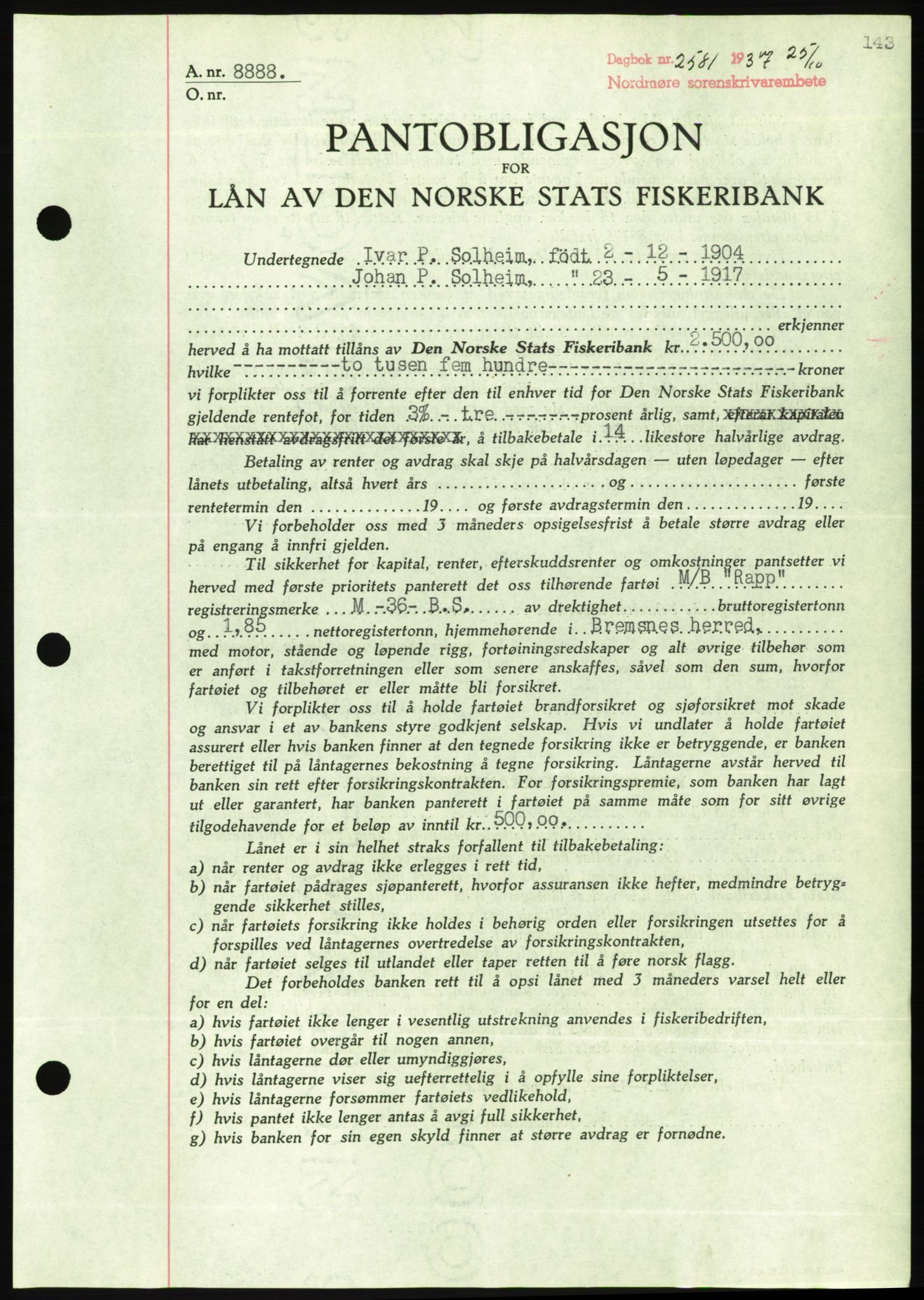 Nordmøre sorenskriveri, AV/SAT-A-4132/1/2/2Ca/L0092: Mortgage book no. B82, 1937-1938, Diary no: : 2581/1937