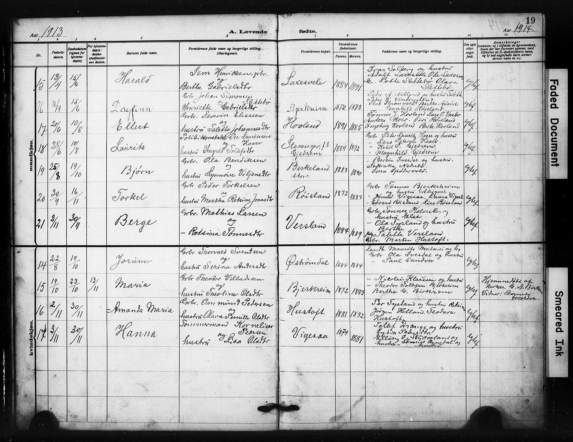 Helleland sokneprestkontor, AV/SAST-A-101810: Parish register (copy) no. B 6, 1909-1923, p. 19