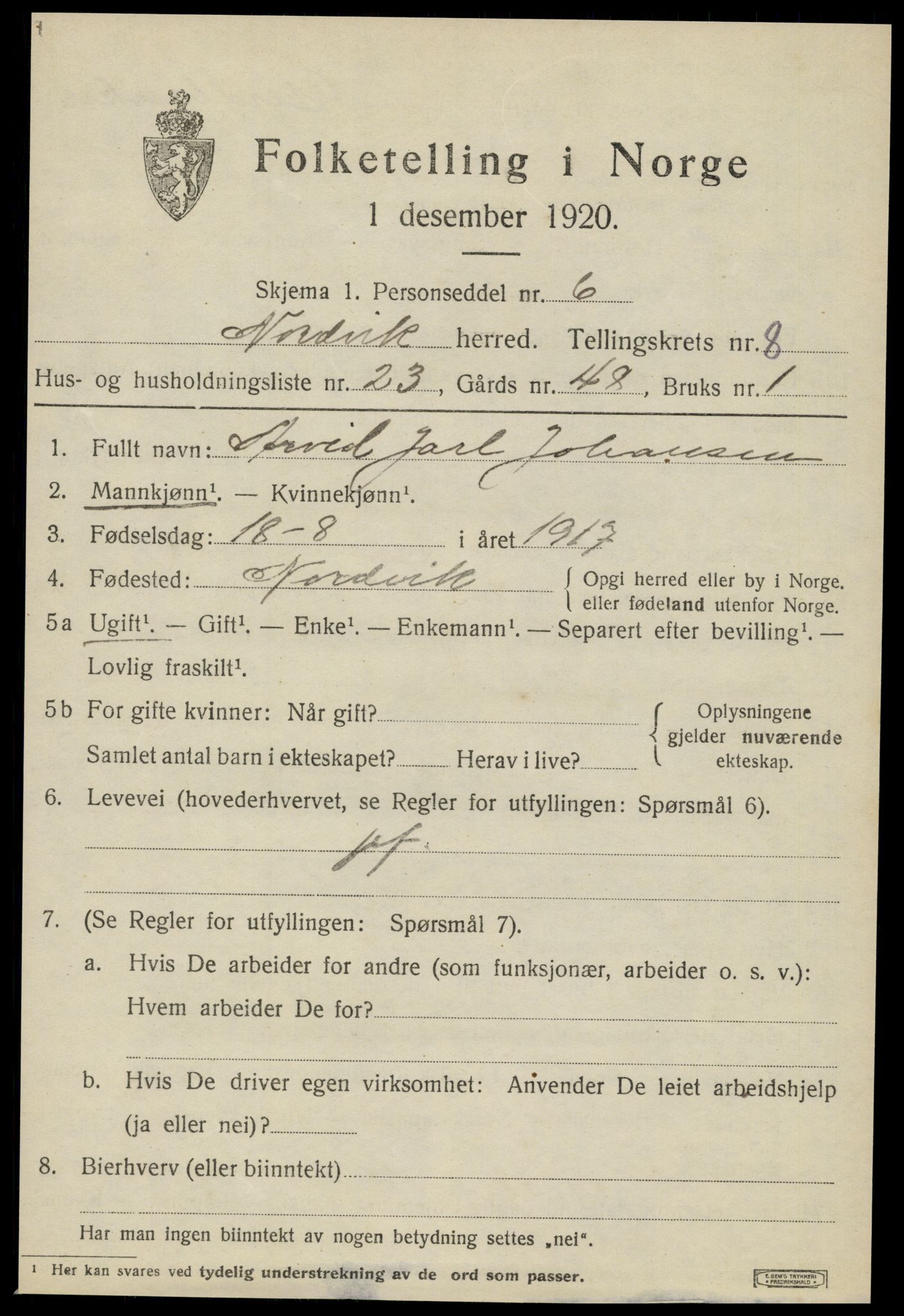 SAT, 1920 census for Nordvik, 1920, p. 3140