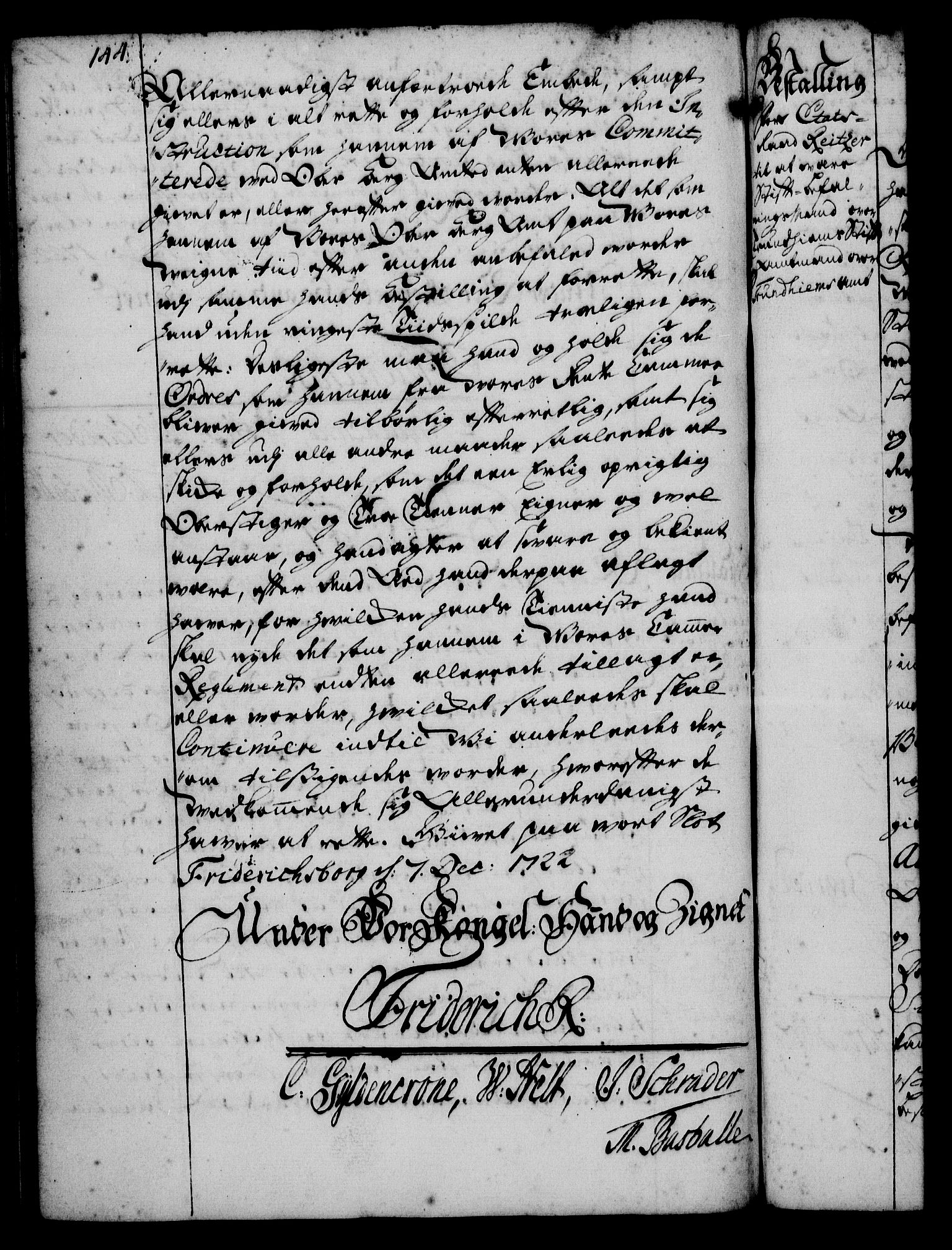 Rentekammeret, Kammerkanselliet, RA/EA-3111/G/Gg/Gge/L0001: Norsk bestallingsprotokoll med register (merket RK 53.25), 1720-1730, p. 144