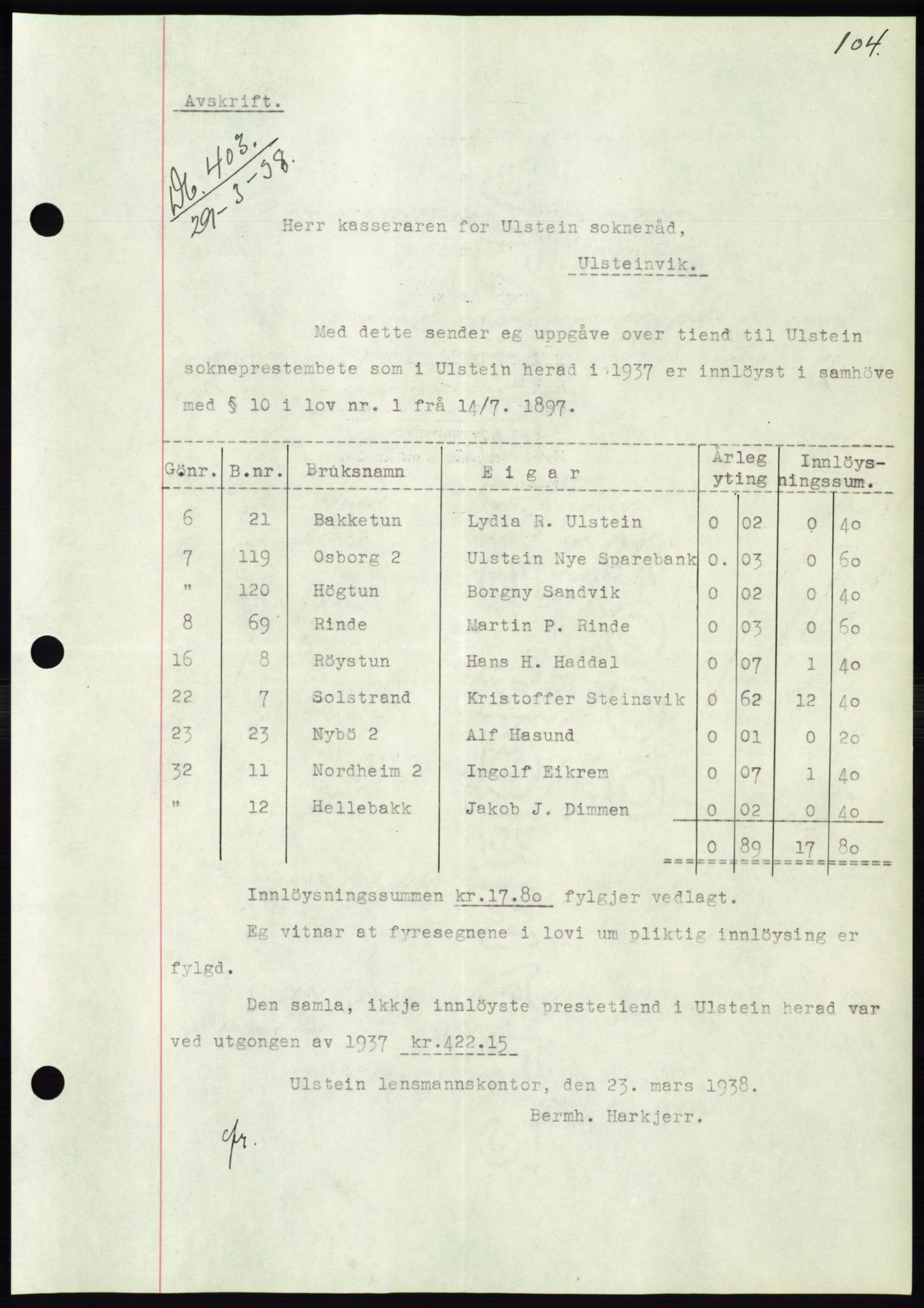 Søre Sunnmøre sorenskriveri, AV/SAT-A-4122/1/2/2C/L0065: Mortgage book no. 59, 1938-1938, Diary no: : 403/1938