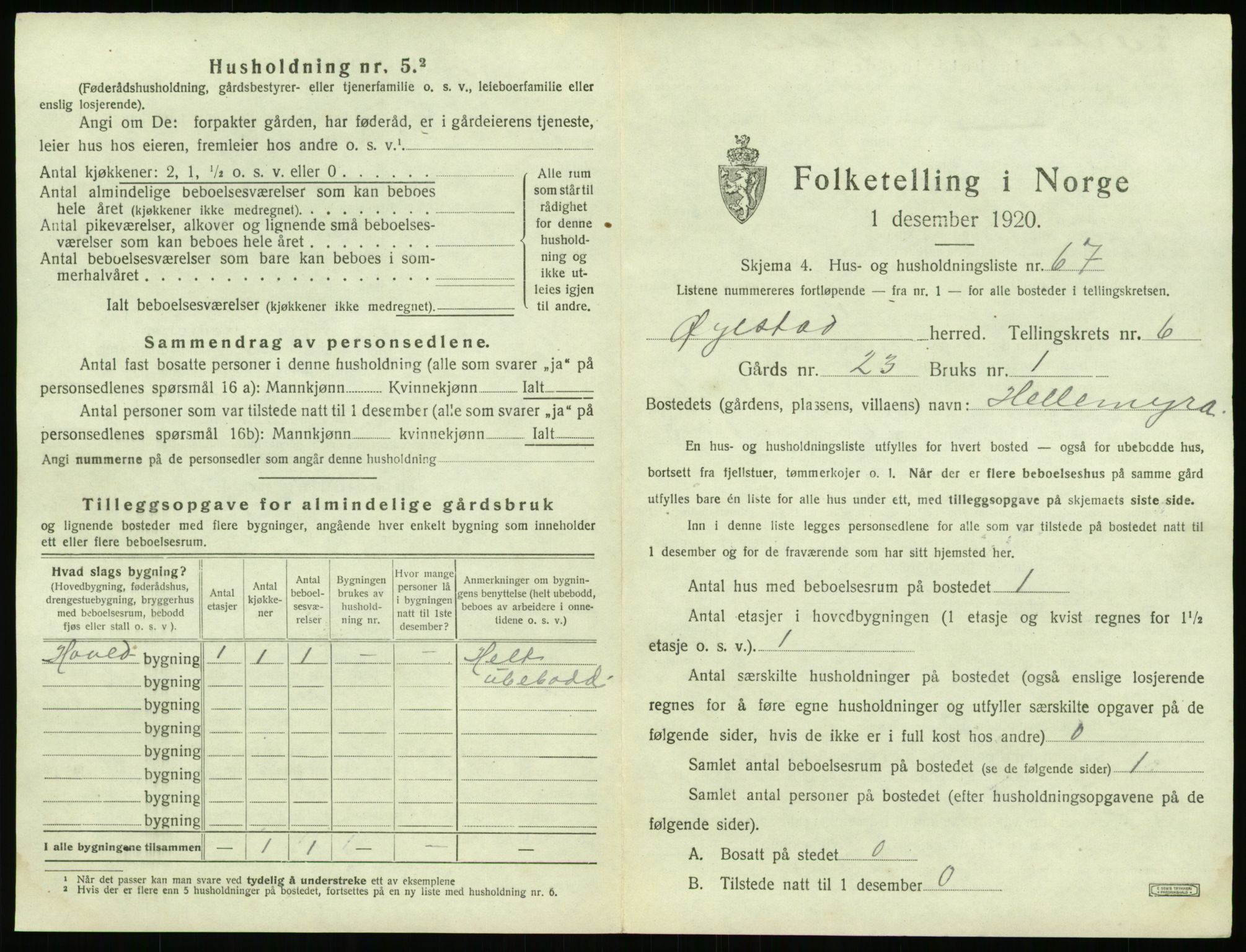 SAK, 1920 census for Øyestad, 1920, p. 634