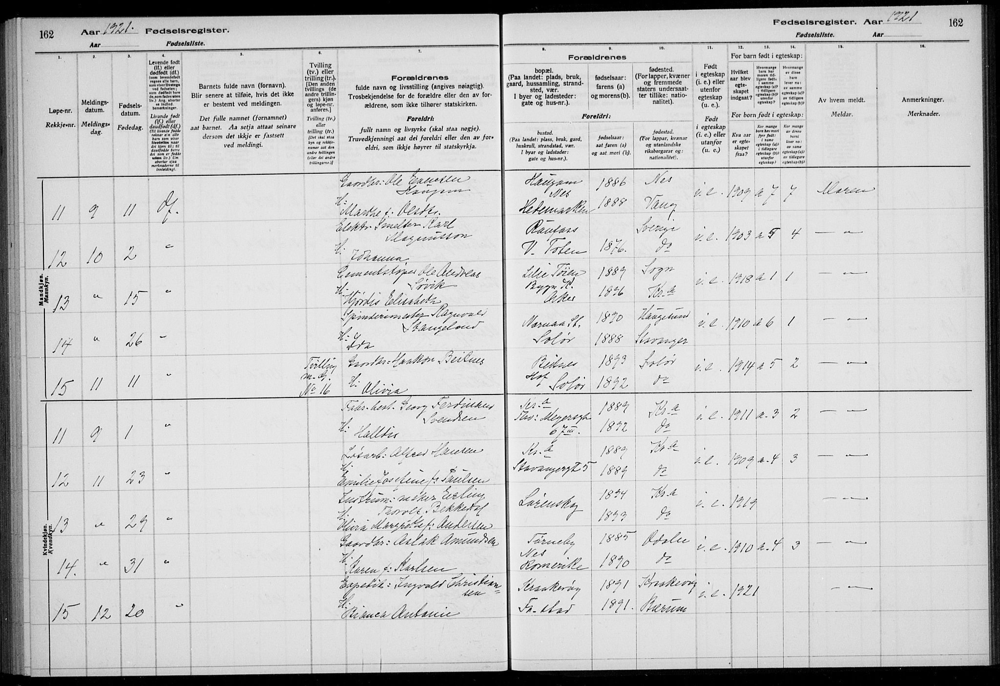 Rikshospitalet prestekontor Kirkebøker, AV/SAO-A-10309b/J/L0006: Birth register no. 6, 1921-1921, p. 162