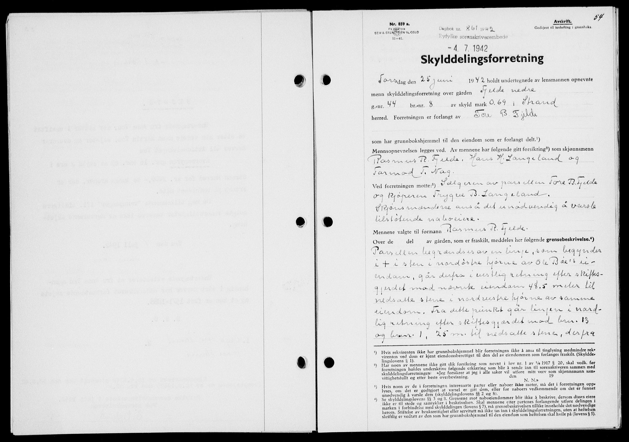 Ryfylke tingrett, AV/SAST-A-100055/001/II/IIB/L0088: Mortgage book no. 67, 1942-1942, Diary no: : 861/1942