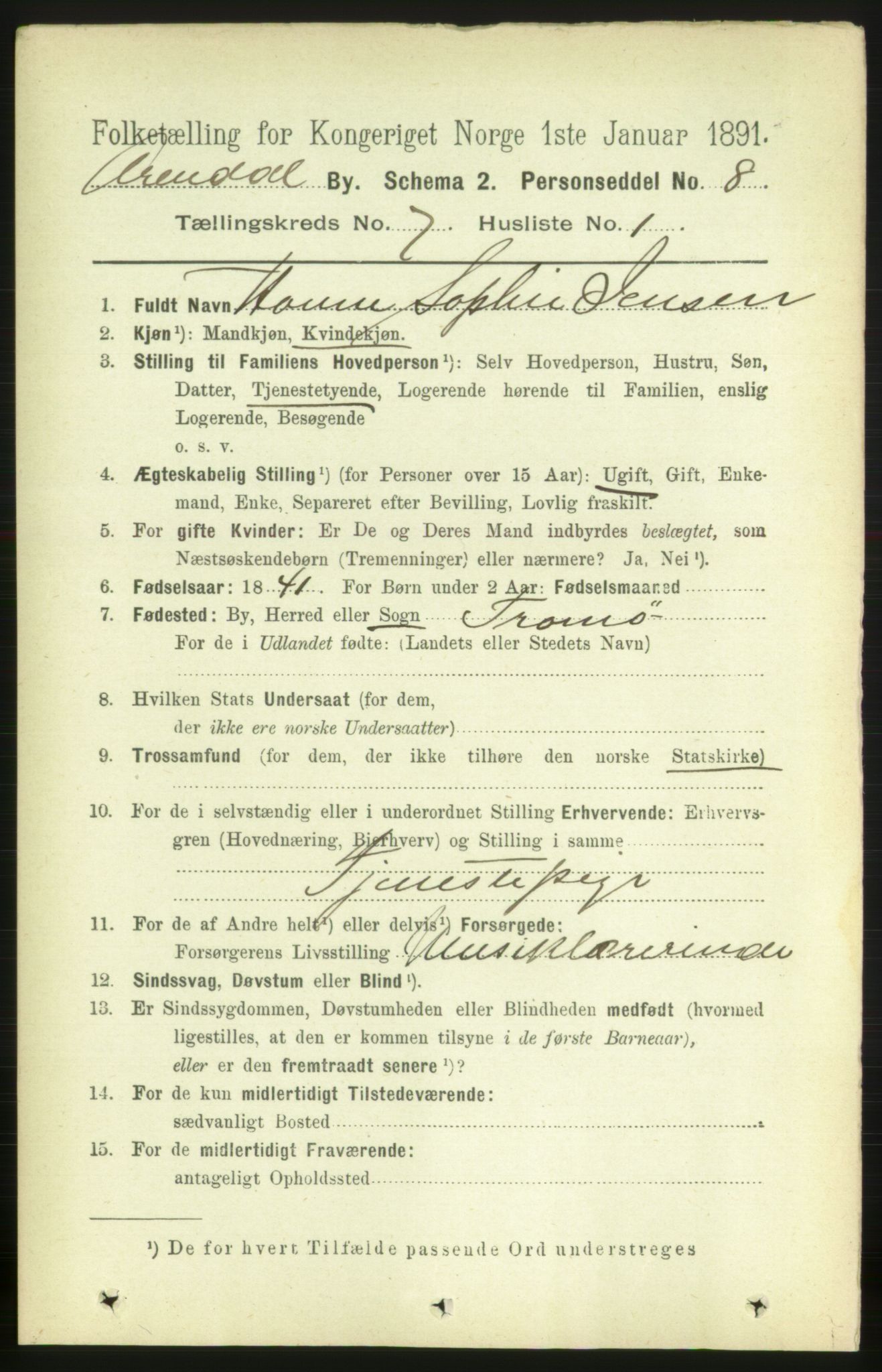 RA, 1891 census for 0903 Arendal, 1891, p. 2535