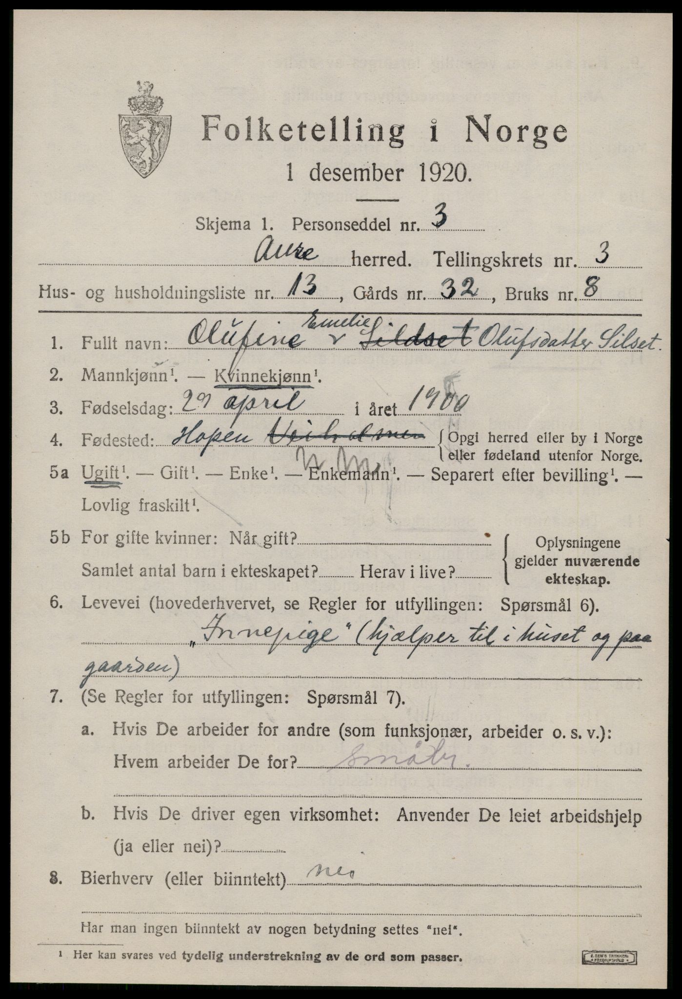 SAT, 1920 census for Aure, 1920, p. 1820