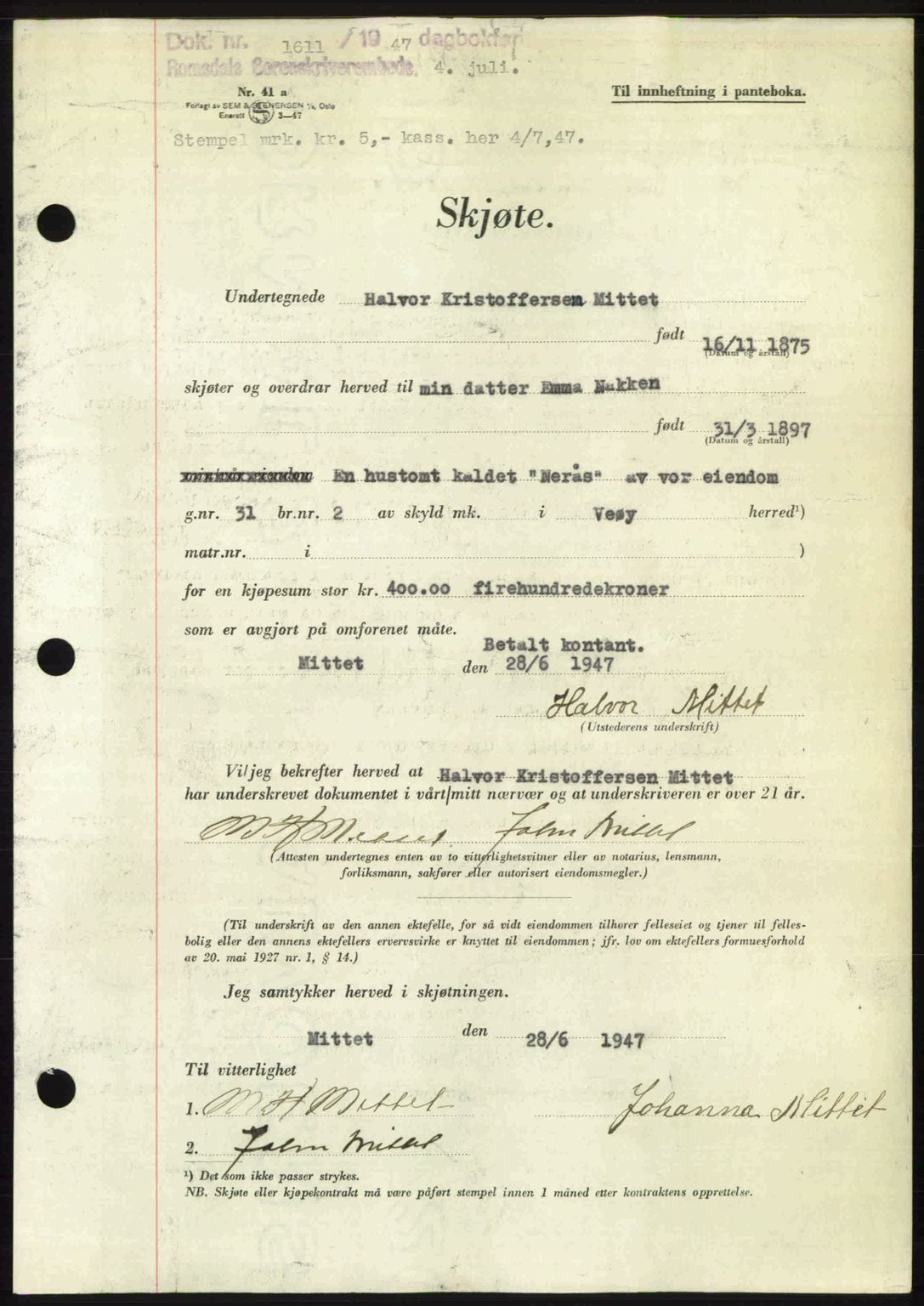 Romsdal sorenskriveri, AV/SAT-A-4149/1/2/2C: Mortgage book no. A23, 1947-1947, Diary no: : 1611/1947