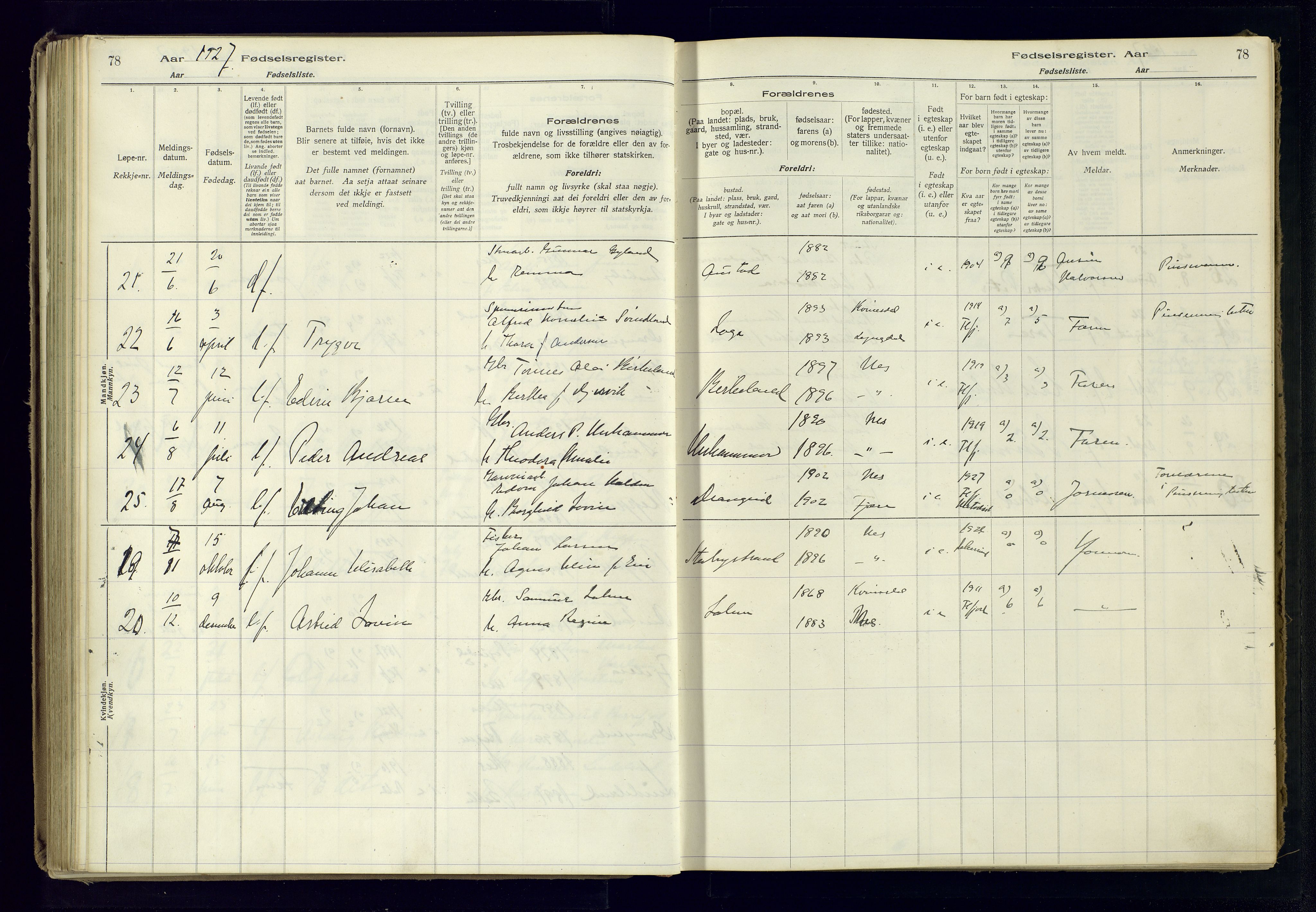 Flekkefjord sokneprestkontor, AV/SAK-1111-0012/J/Ja/L0005: Birth register no. 5, 1916-1950, p. 78