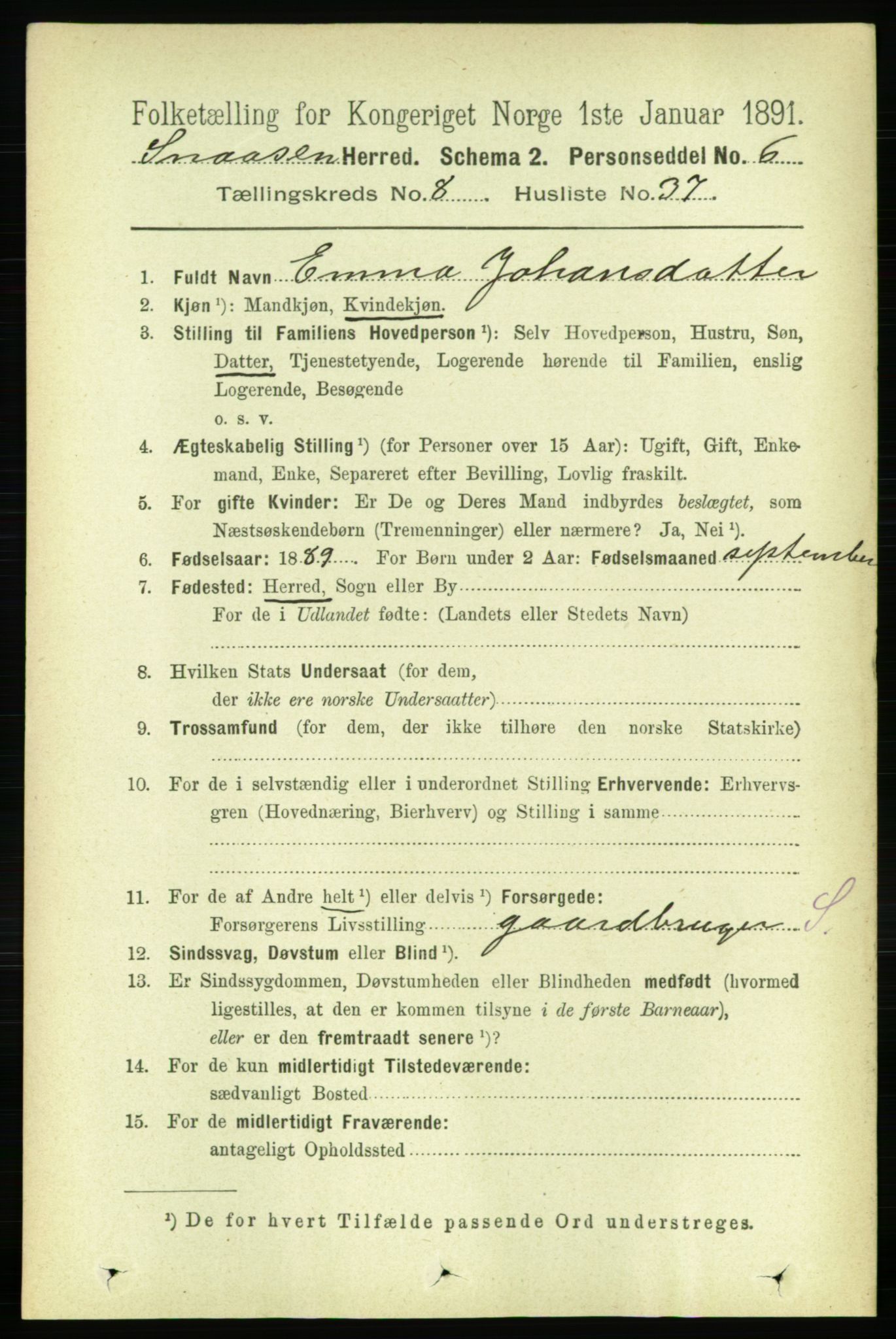 RA, 1891 census for 1736 Snåsa, 1891, p. 2936