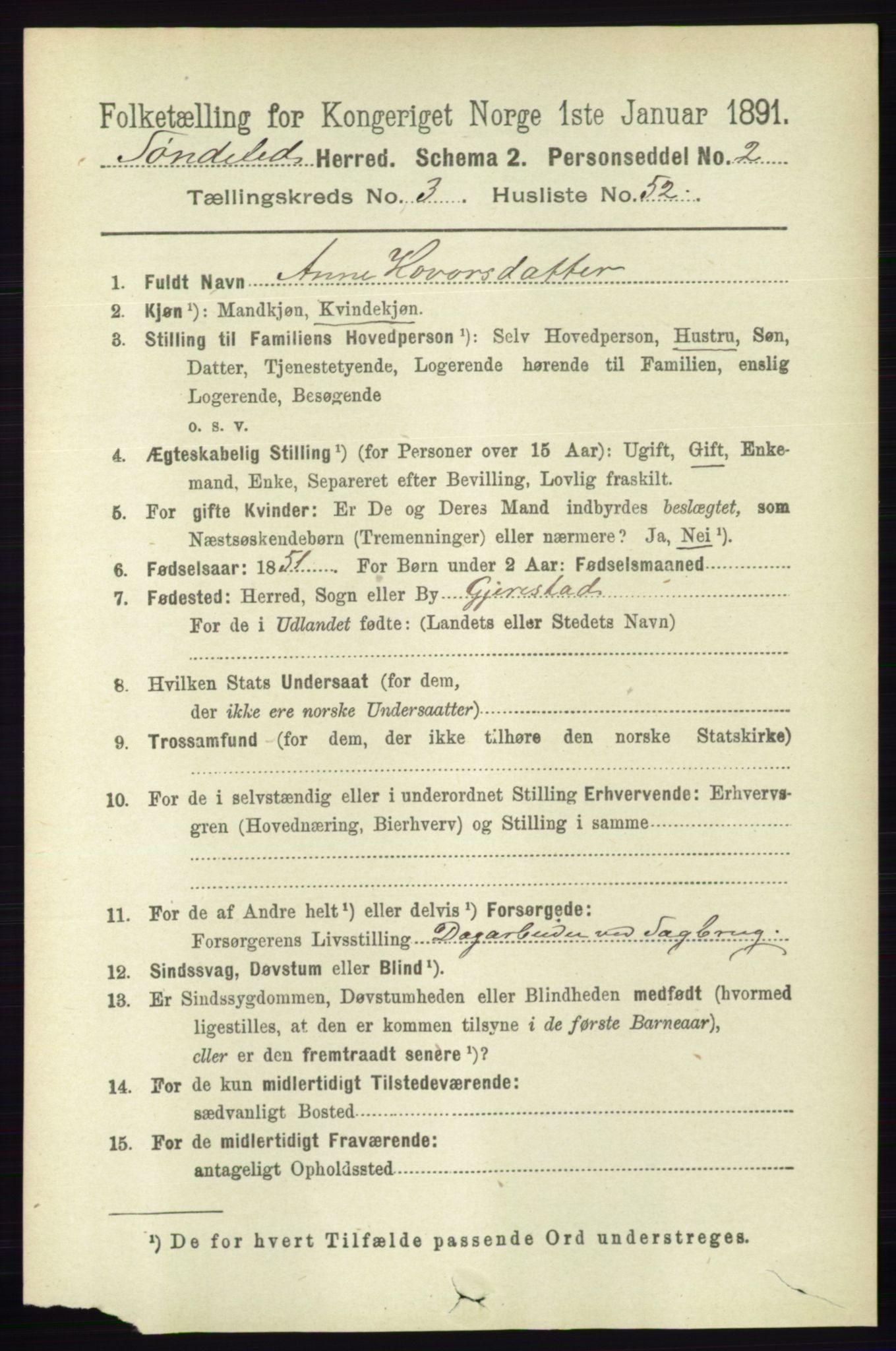 RA, 1891 census for 0913 Søndeled, 1891, p. 865