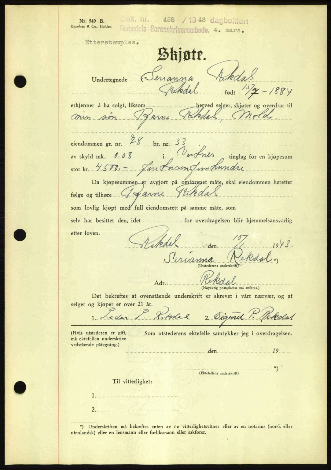 Romsdal sorenskriveri, AV/SAT-A-4149/1/2/2C: Mortgage book no. A14, 1943-1943, Diary no: : 458/1943