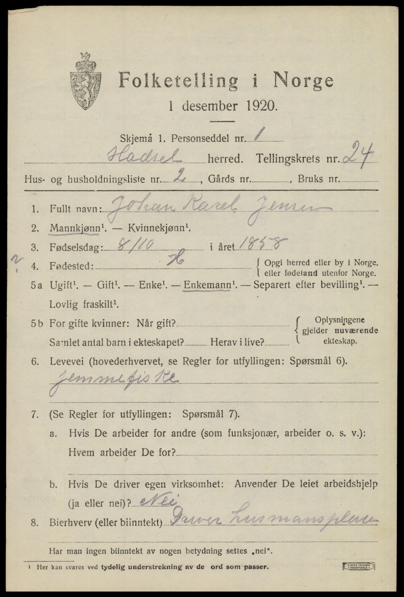 SAT, 1920 census for Hadsel, 1920, p. 21452