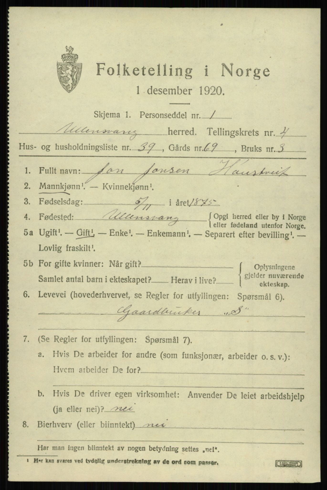 SAB, 1920 census for Ullensvang, 1920, p. 2358