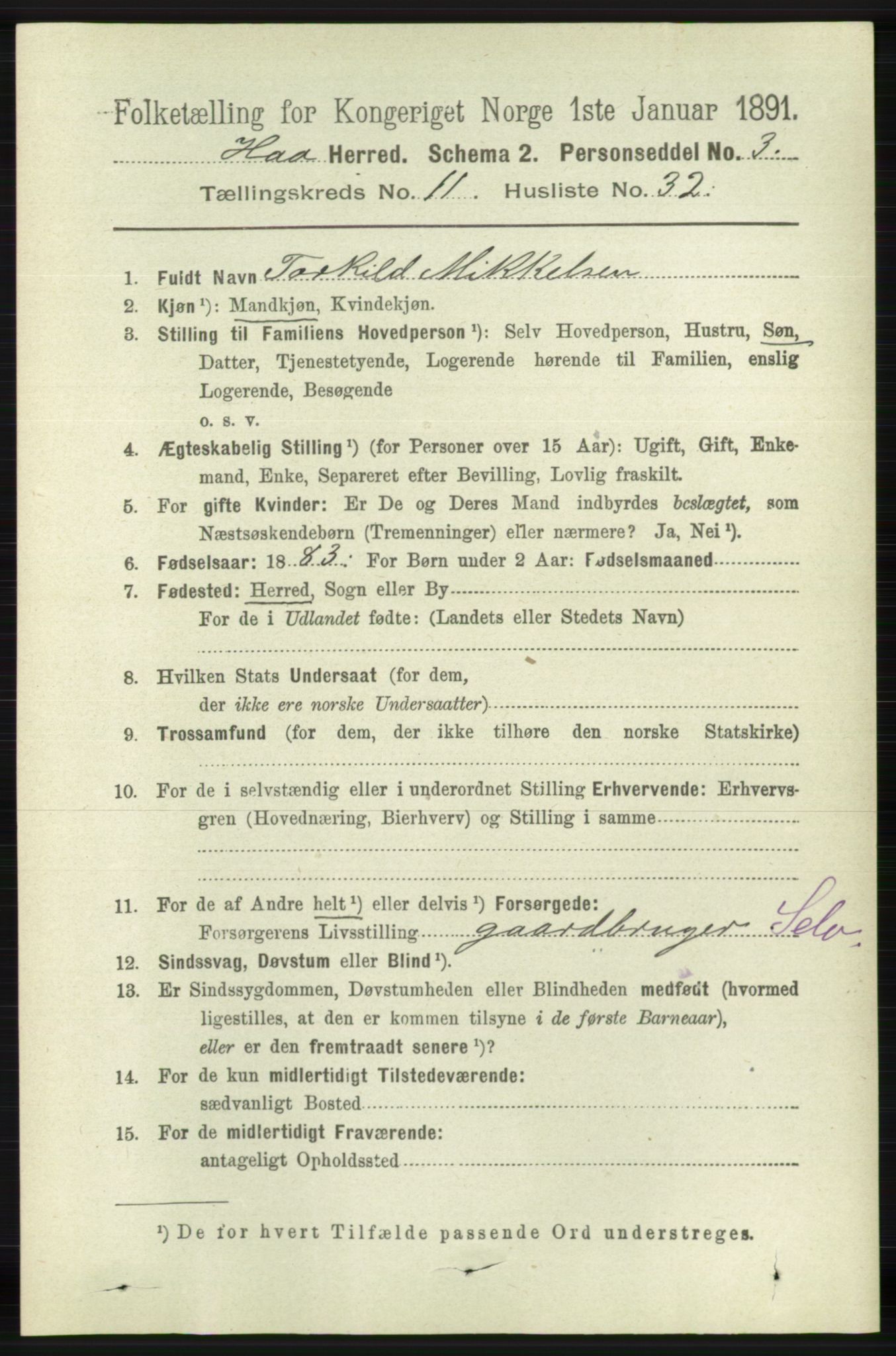 RA, 1891 census for 1119 Hå, 1891, p. 2826