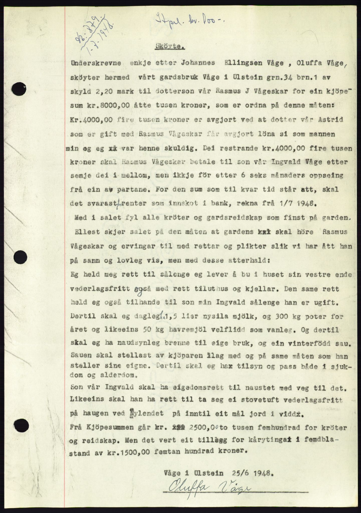 Søre Sunnmøre sorenskriveri, AV/SAT-A-4122/1/2/2C/L0082: Mortgage book no. 8A, 1948-1948, Diary no: : 879/1948