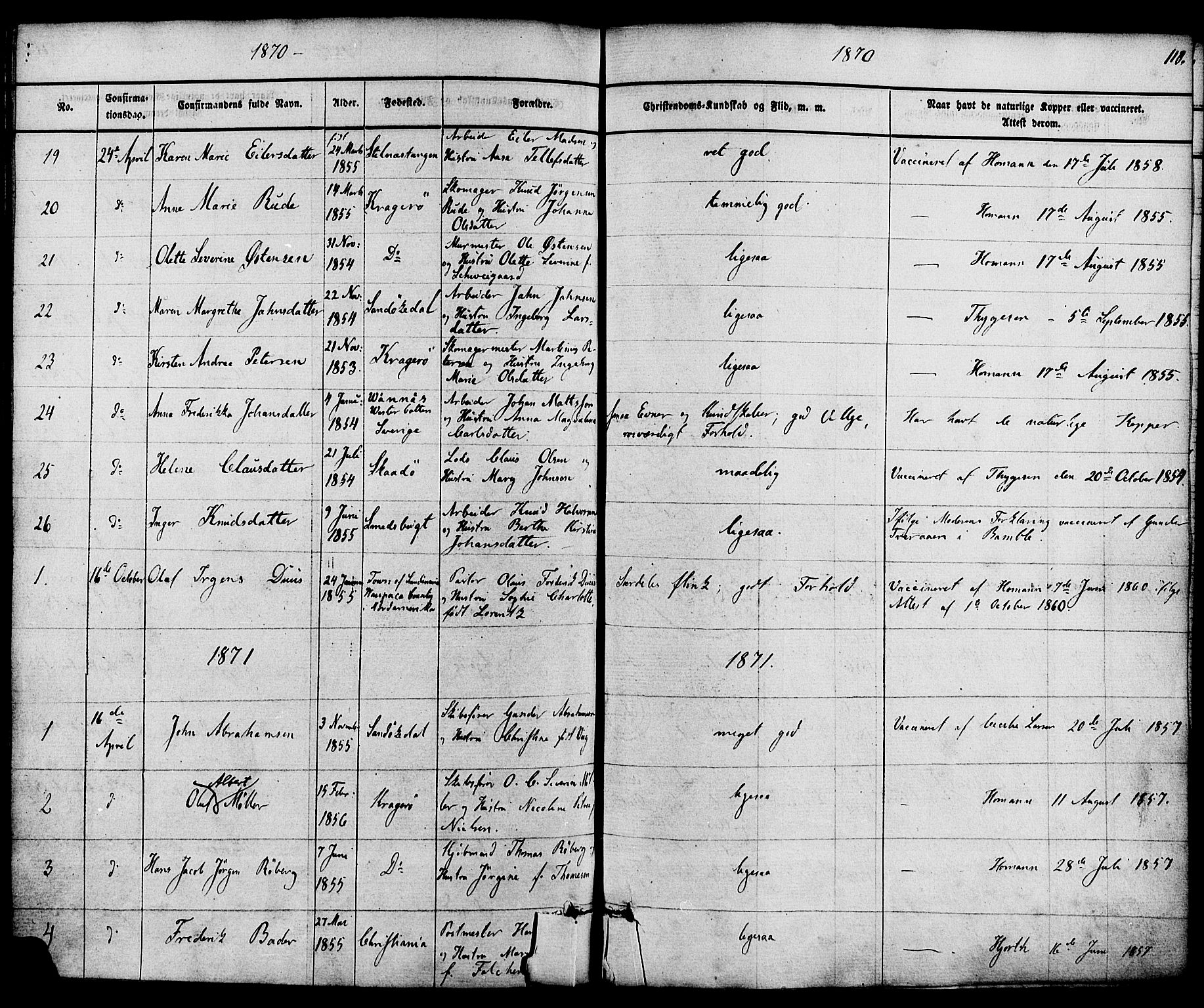 Kragerø kirkebøker, AV/SAKO-A-278/F/Fa/L0008: Parish register (official) no. 8, 1856-1880, p. 118