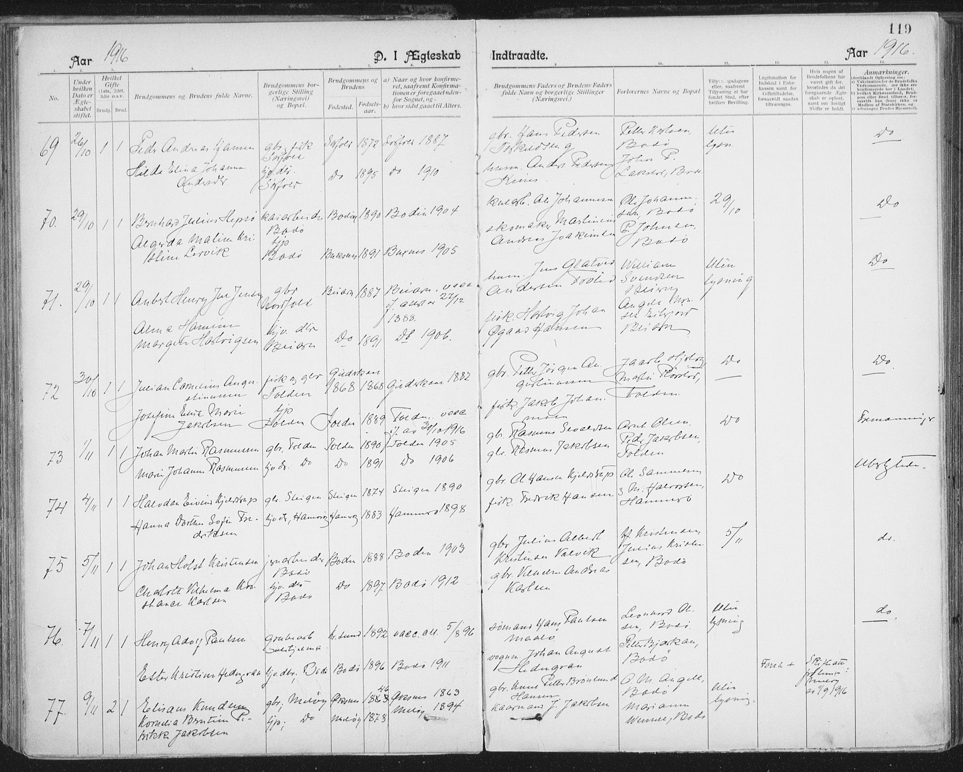 Ministerialprotokoller, klokkerbøker og fødselsregistre - Nordland, AV/SAT-A-1459/801/L0012: Parish register (official) no. 801A12, 1900-1916, p. 119