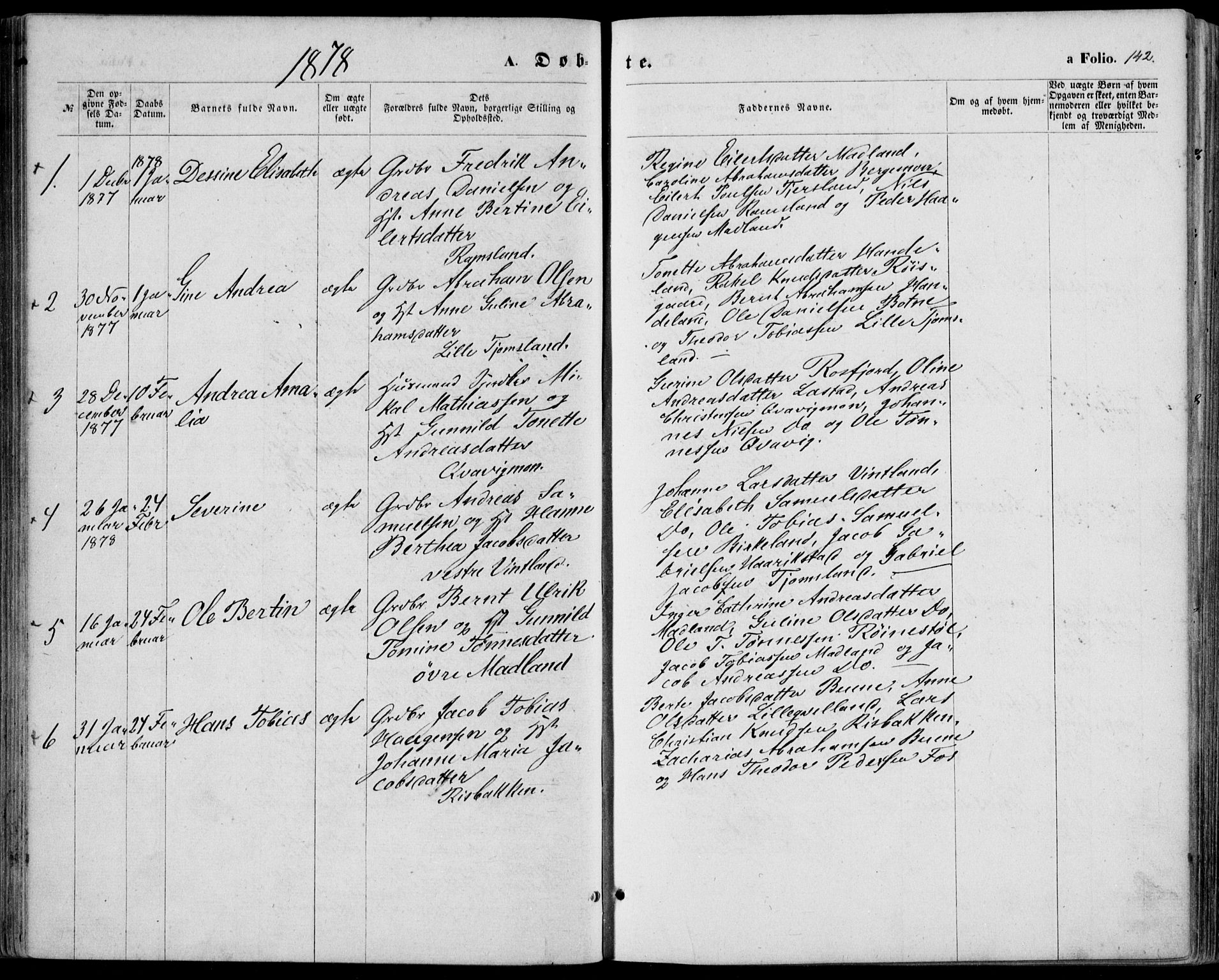 Lyngdal sokneprestkontor, SAK/1111-0029/F/Fa/Fac/L0010: Parish register (official) no. A 10, 1865-1878, p. 142