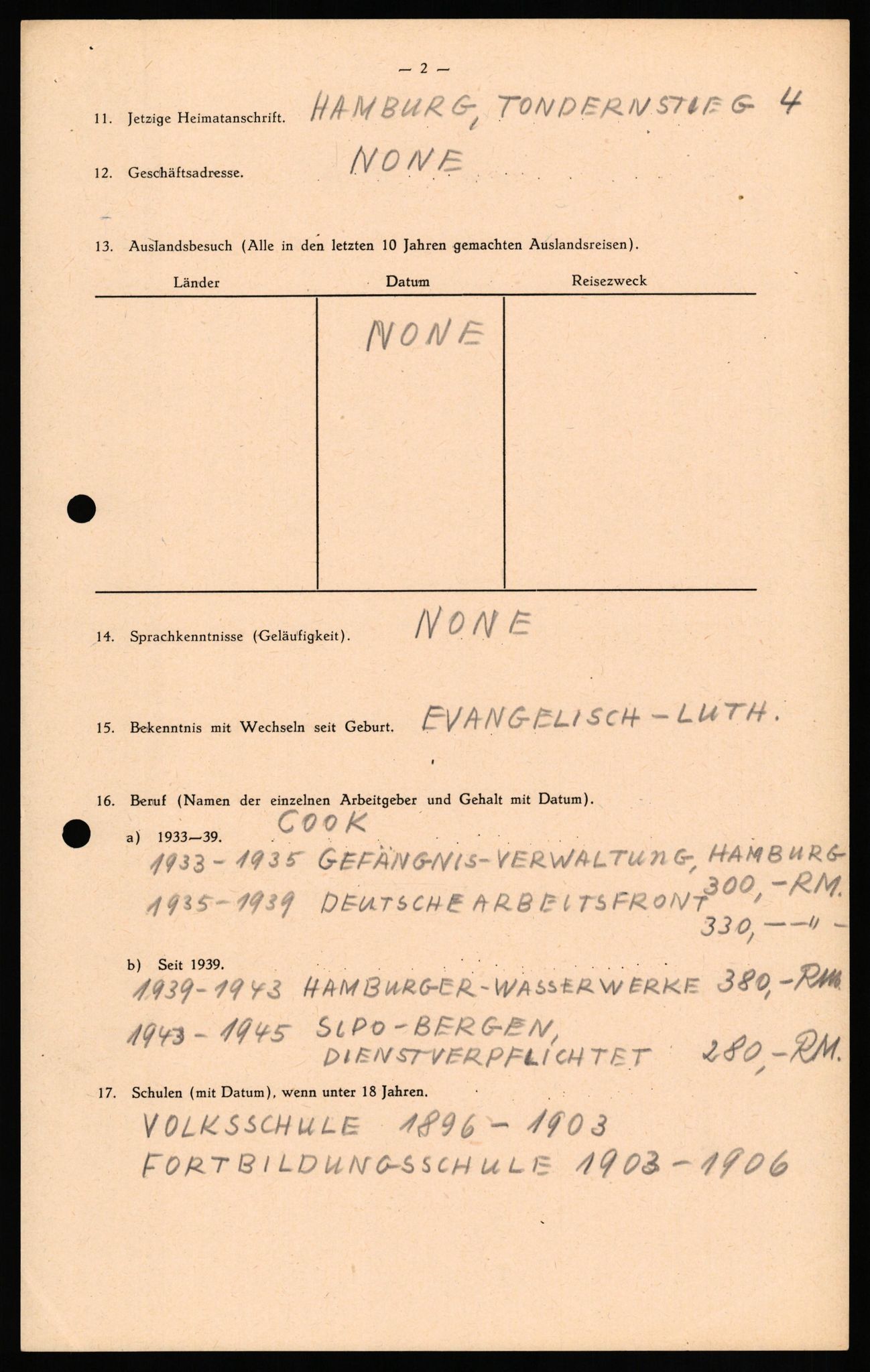 Forsvaret, Forsvarets overkommando II, RA/RAFA-3915/D/Db/L0032: CI Questionaires. Tyske okkupasjonsstyrker i Norge. Tyskere., 1945-1946, p. 198