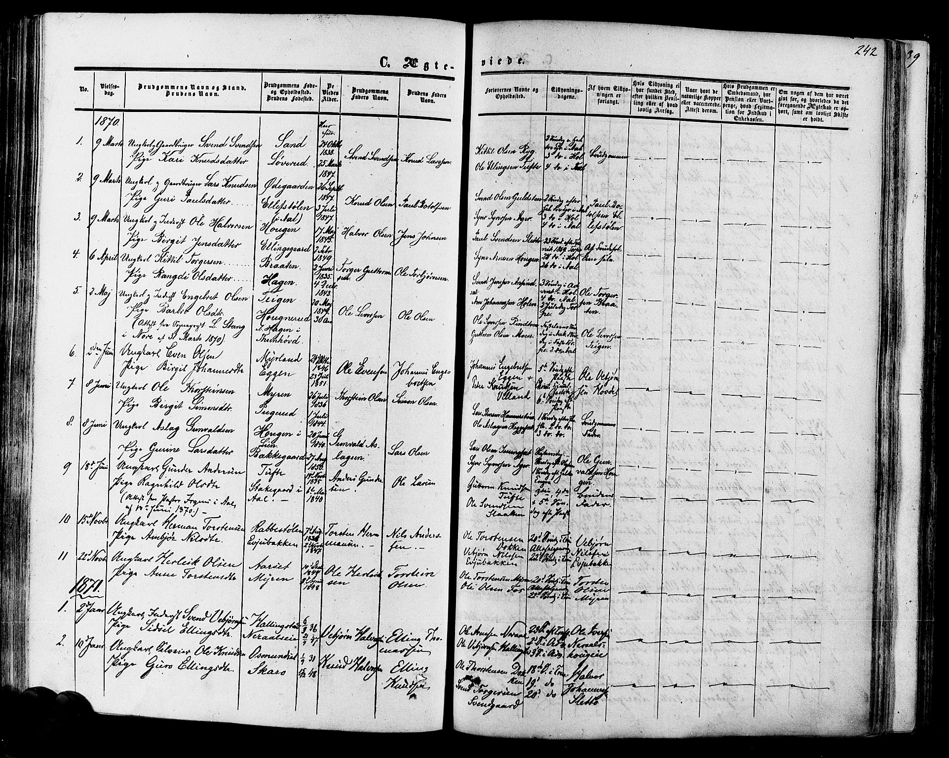 Hol kirkebøker, SAKO/A-227/F/Fa/L0002: Parish register (official) no. I 2, 1870-1886, p. 242