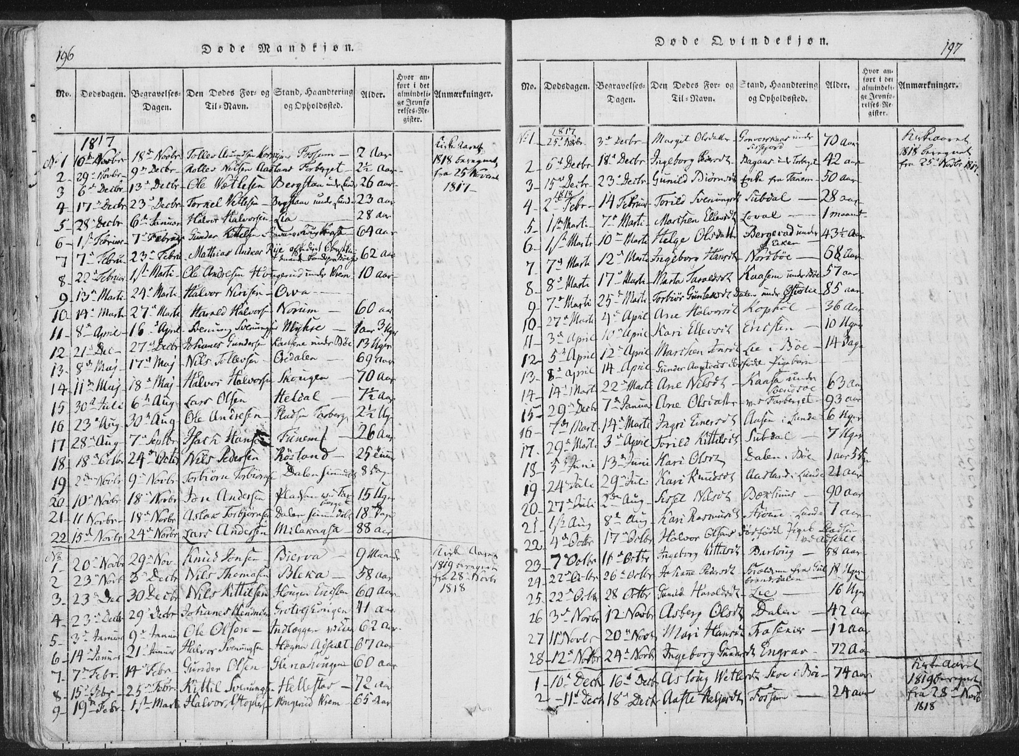 Bø kirkebøker, SAKO/A-257/F/Fa/L0006: Parish register (official) no. 6, 1815-1831, p. 196-197