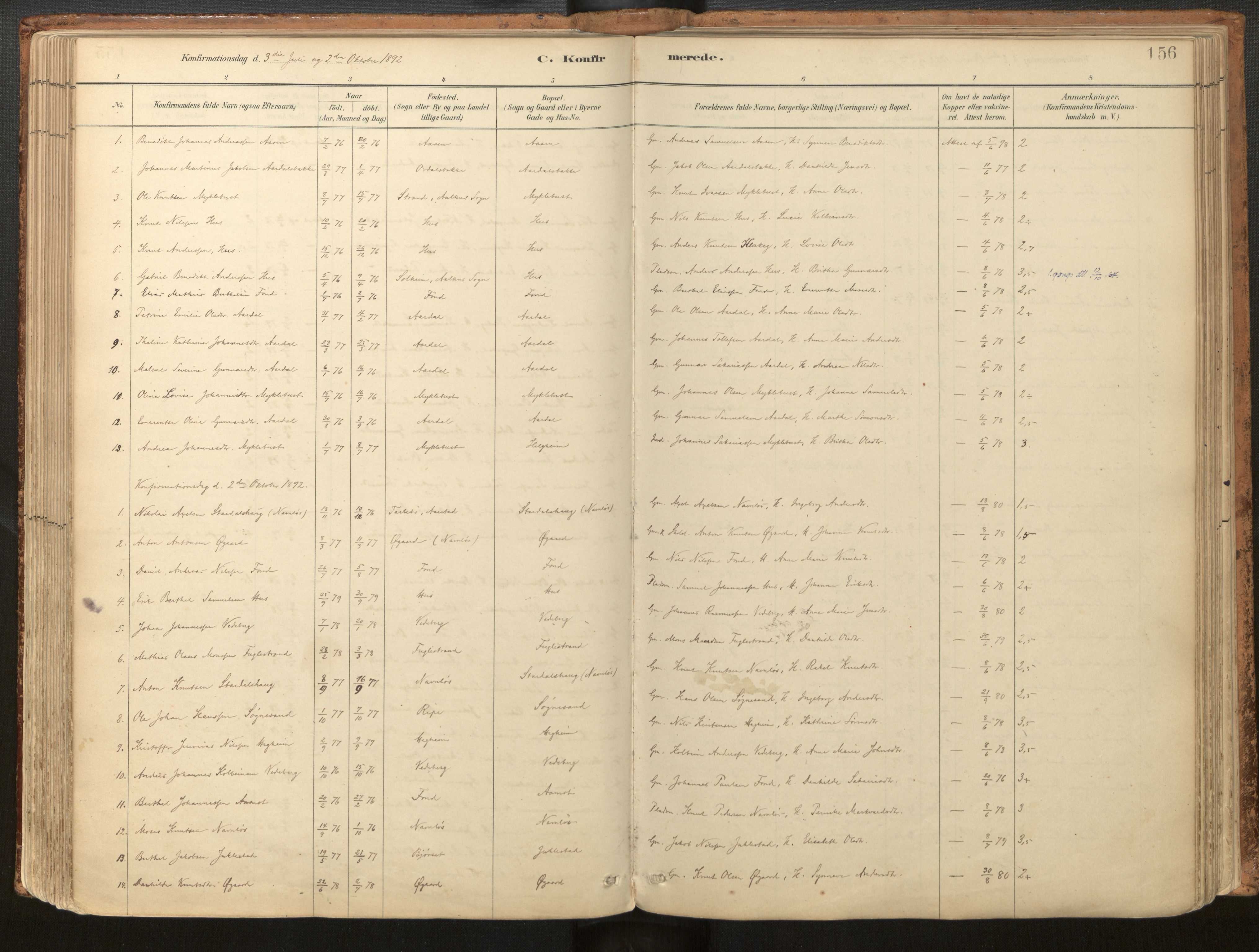 Jølster sokneprestembete, SAB/A-80701/H/Haa/Haac/L0001: Parish register (official) no. C 1, 1882-1928, p. 156