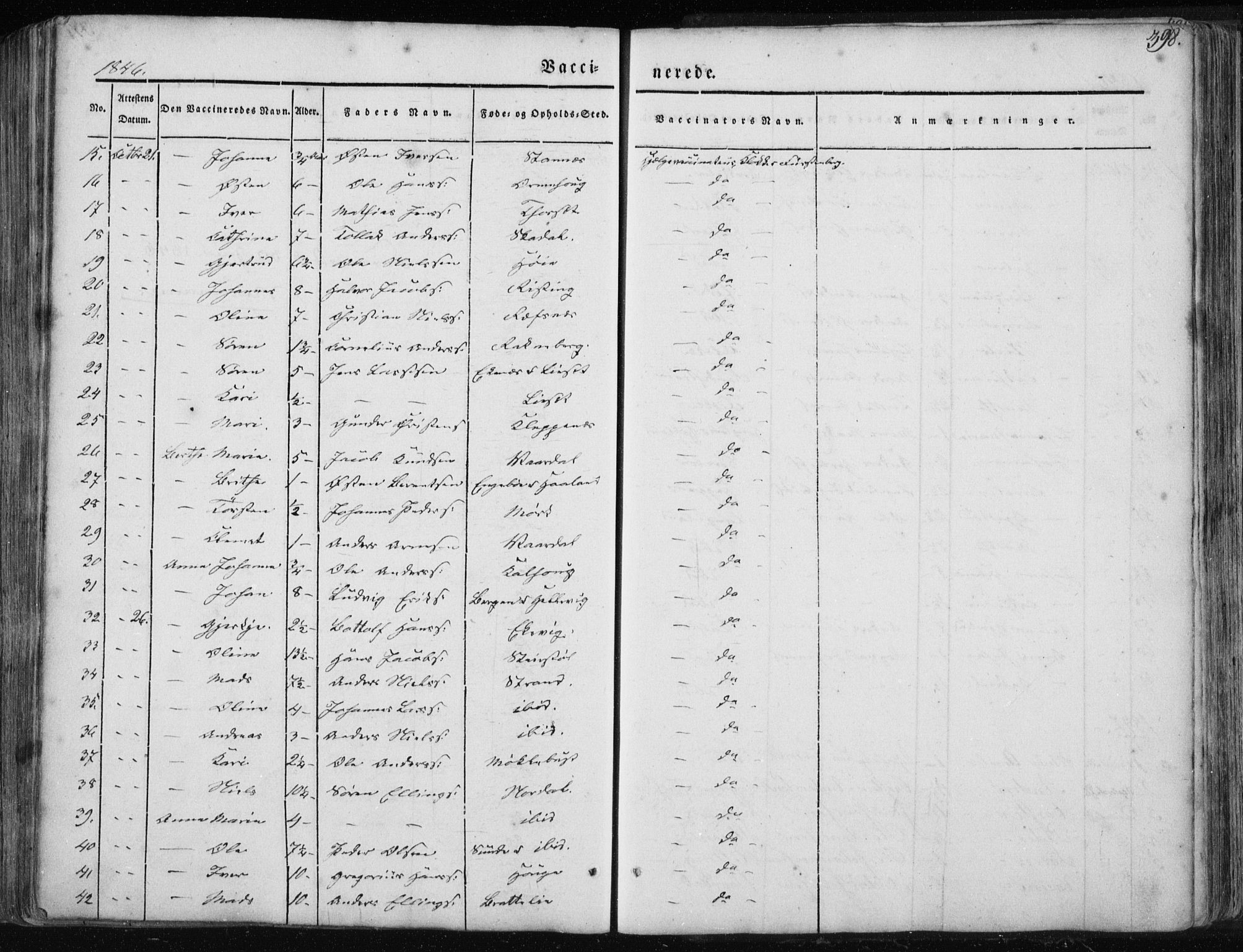 Fjaler sokneprestembete, SAB/A-79801/H/Haa/Haaa/L0006: Parish register (official) no. A 6, 1835-1884, p. 398