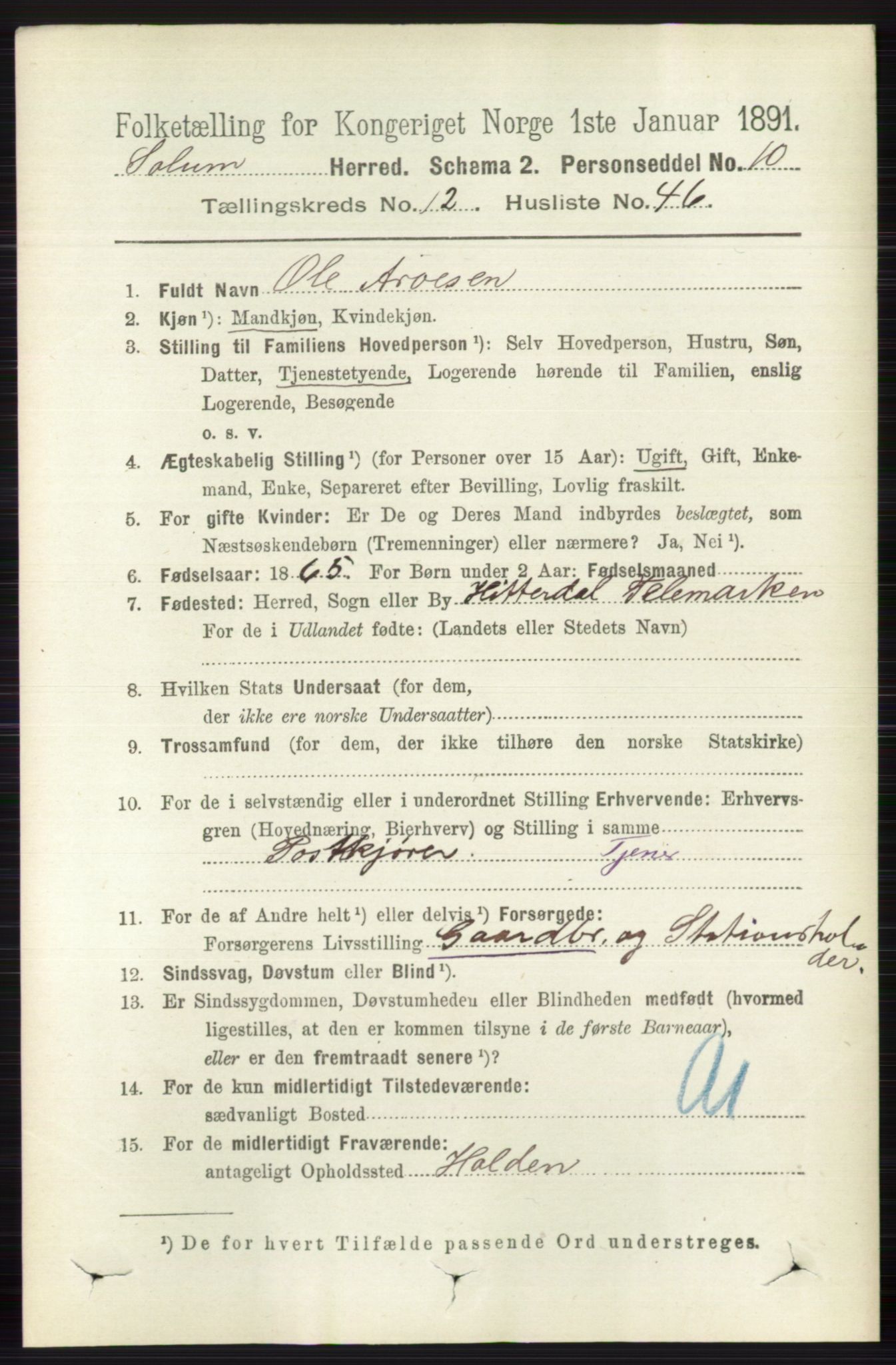 RA, 1891 census for 0818 Solum, 1891, p. 5886