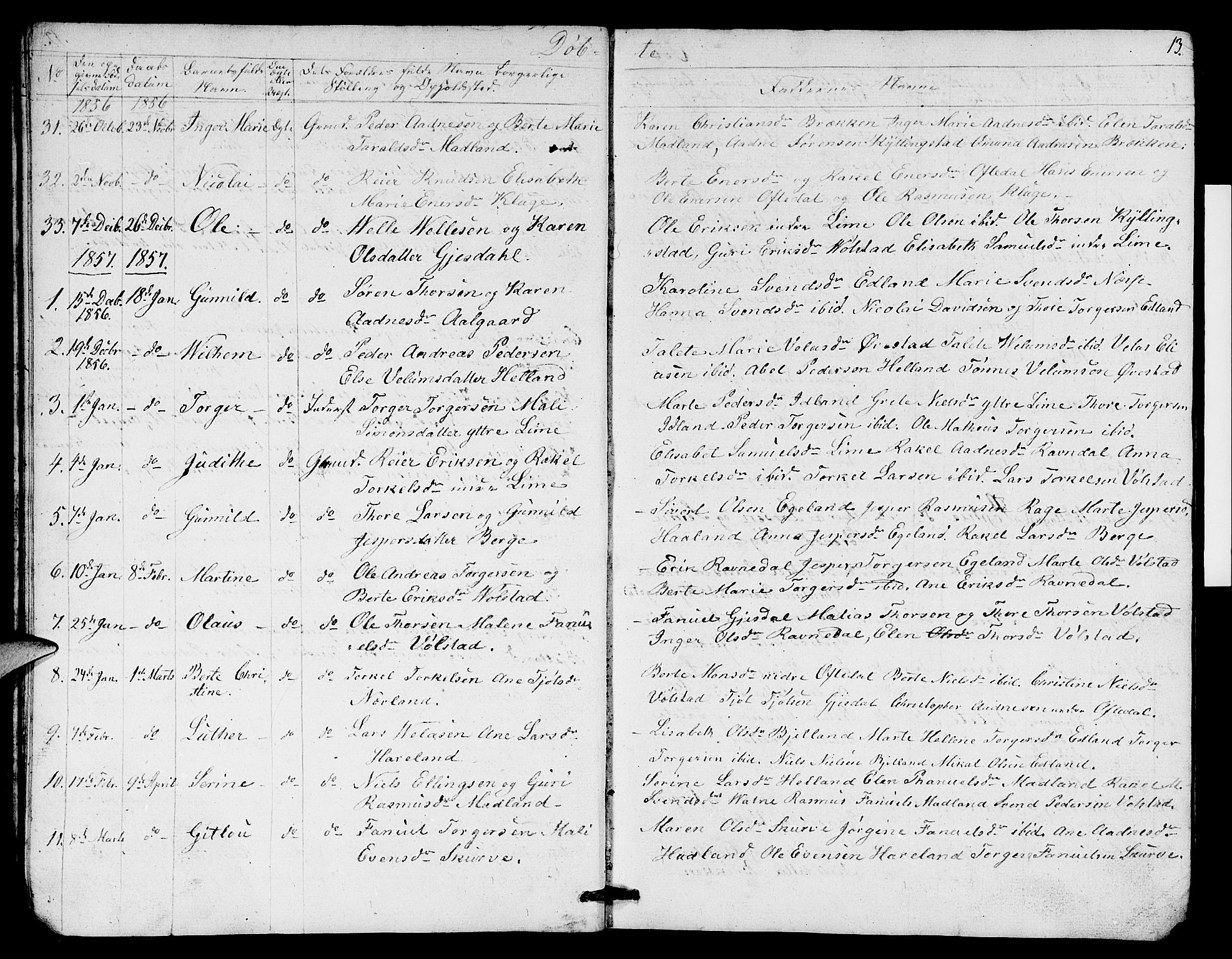 Lye sokneprestkontor, SAST/A-101794/001/30BB/L0003: Parish register (copy) no. B 3, 1852-1874, p. 13
