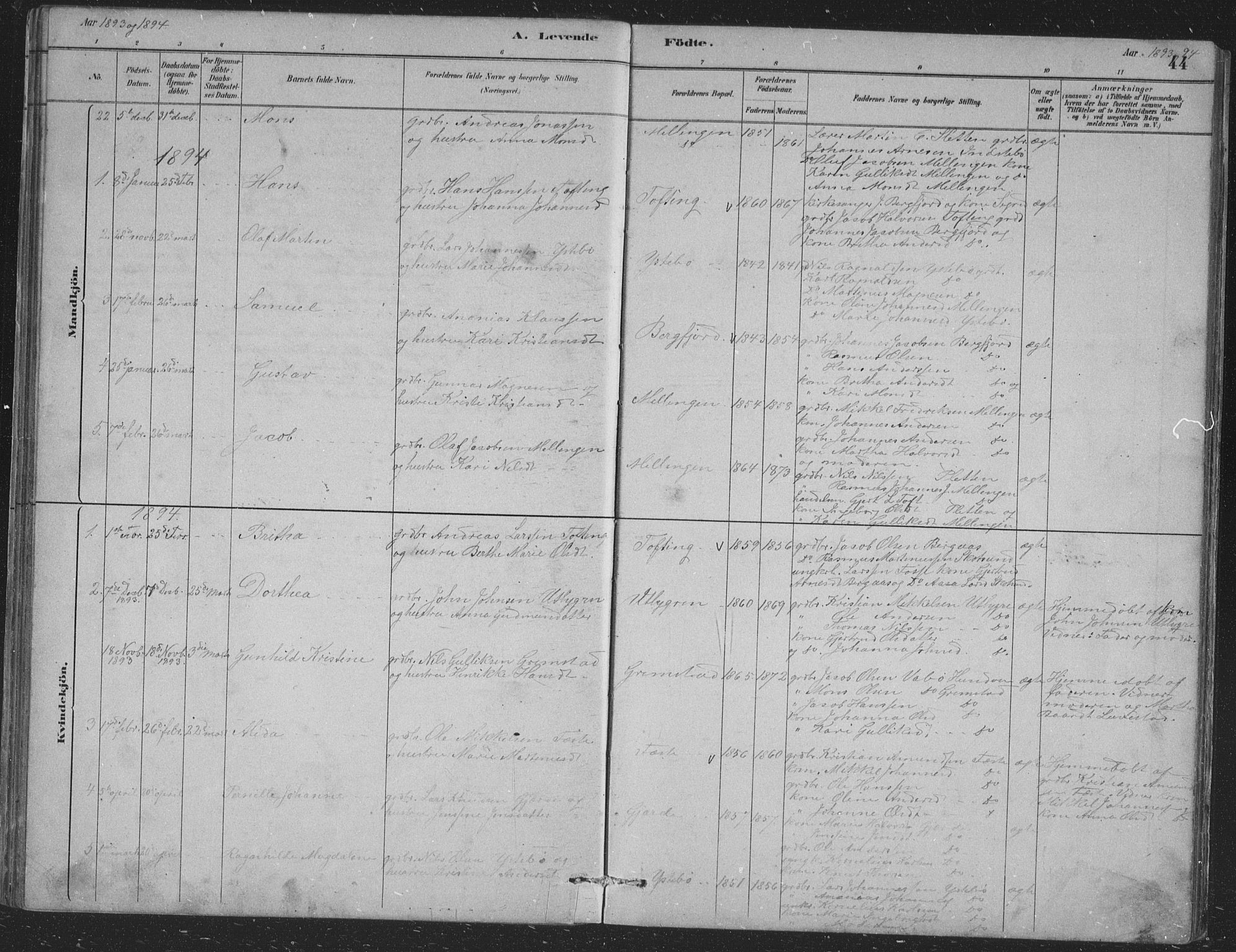 Alversund Sokneprestembete, SAB/A-73901/H/Ha/Hab: Parish register (copy) no. B 3, 1881-1896, p. 44