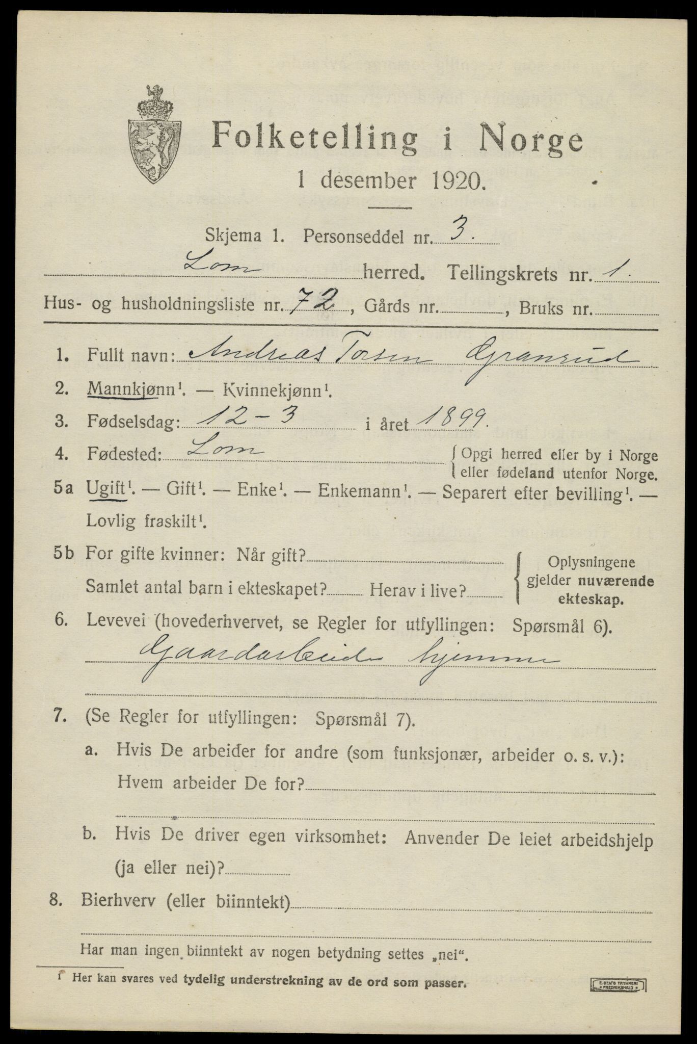 SAH, 1920 census for Lom, 1920, p. 1764