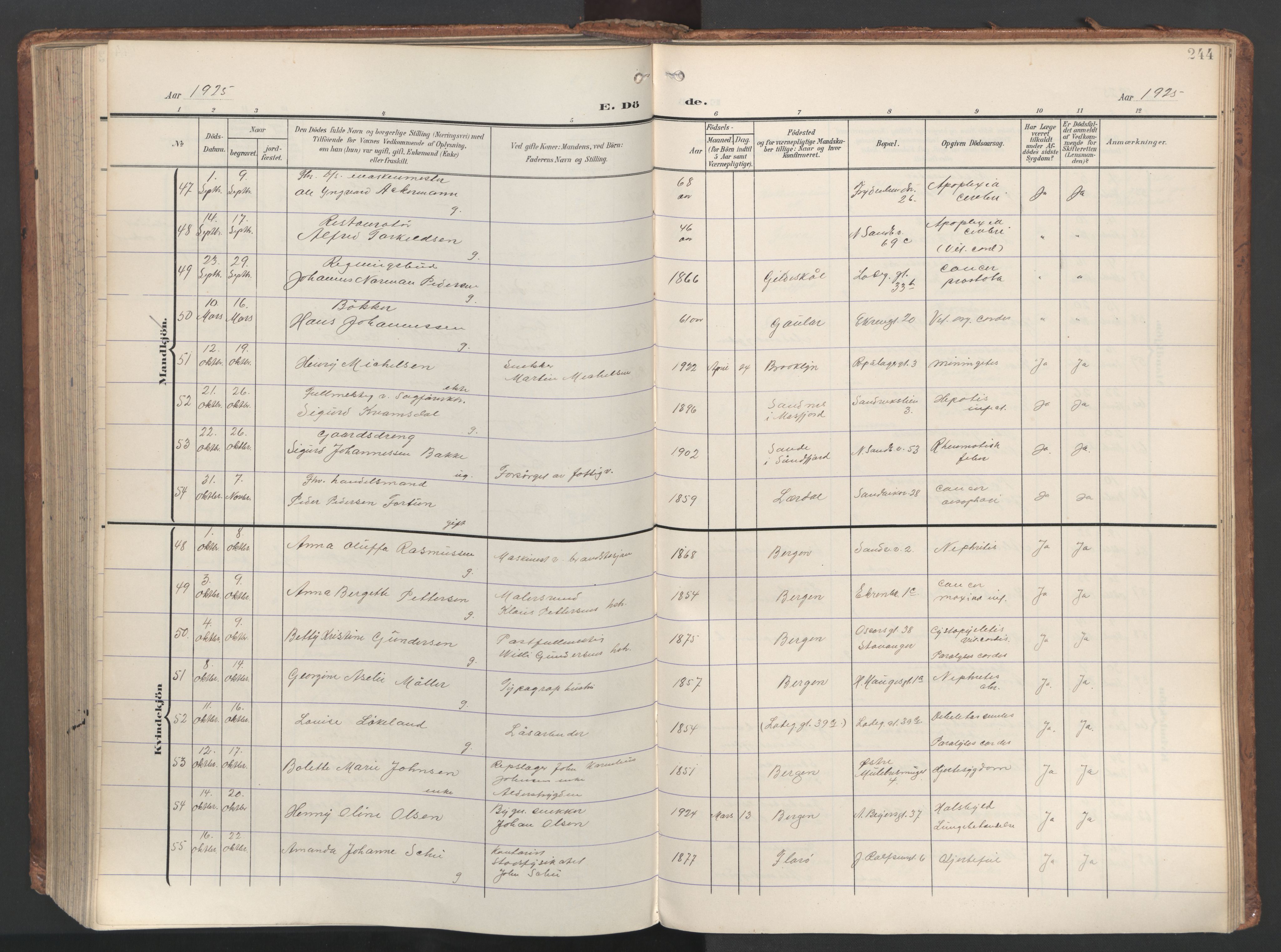 Sandviken Sokneprestembete, AV/SAB-A-77601/H/Ha/L0019: Parish register (official) no. E 2, 1905-1933, p. 244