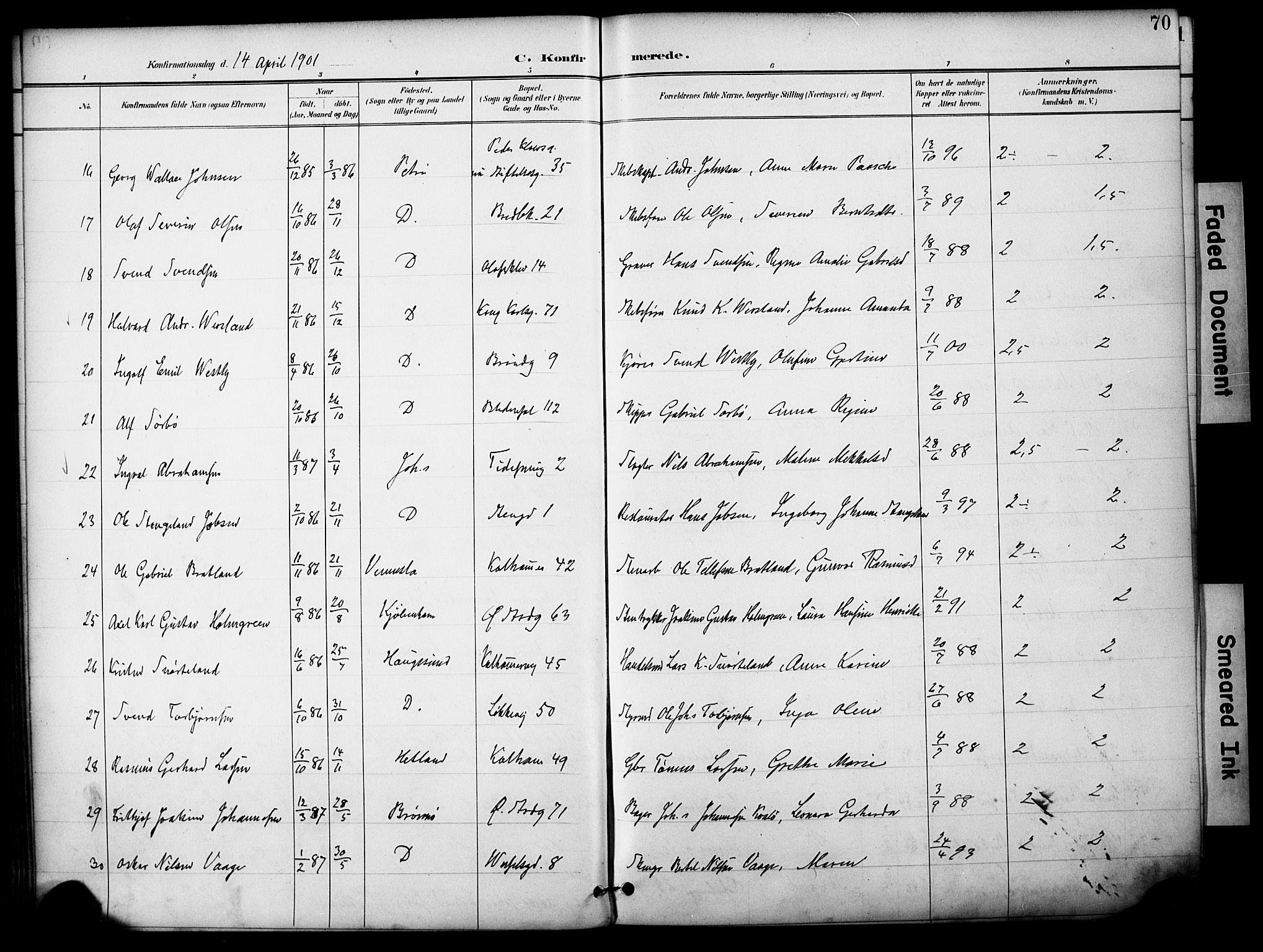 Domkirken sokneprestkontor, SAST/A-101812/001/30/30BA/L0031: Parish register (official) no. A 30, 1896-1916, p. 70