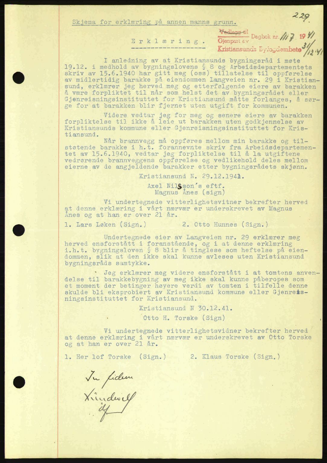 Kristiansund byfogd, AV/SAT-A-4587/A/27: Mortgage book no. 35, 1941-1942, Diary no: : 1117/1941