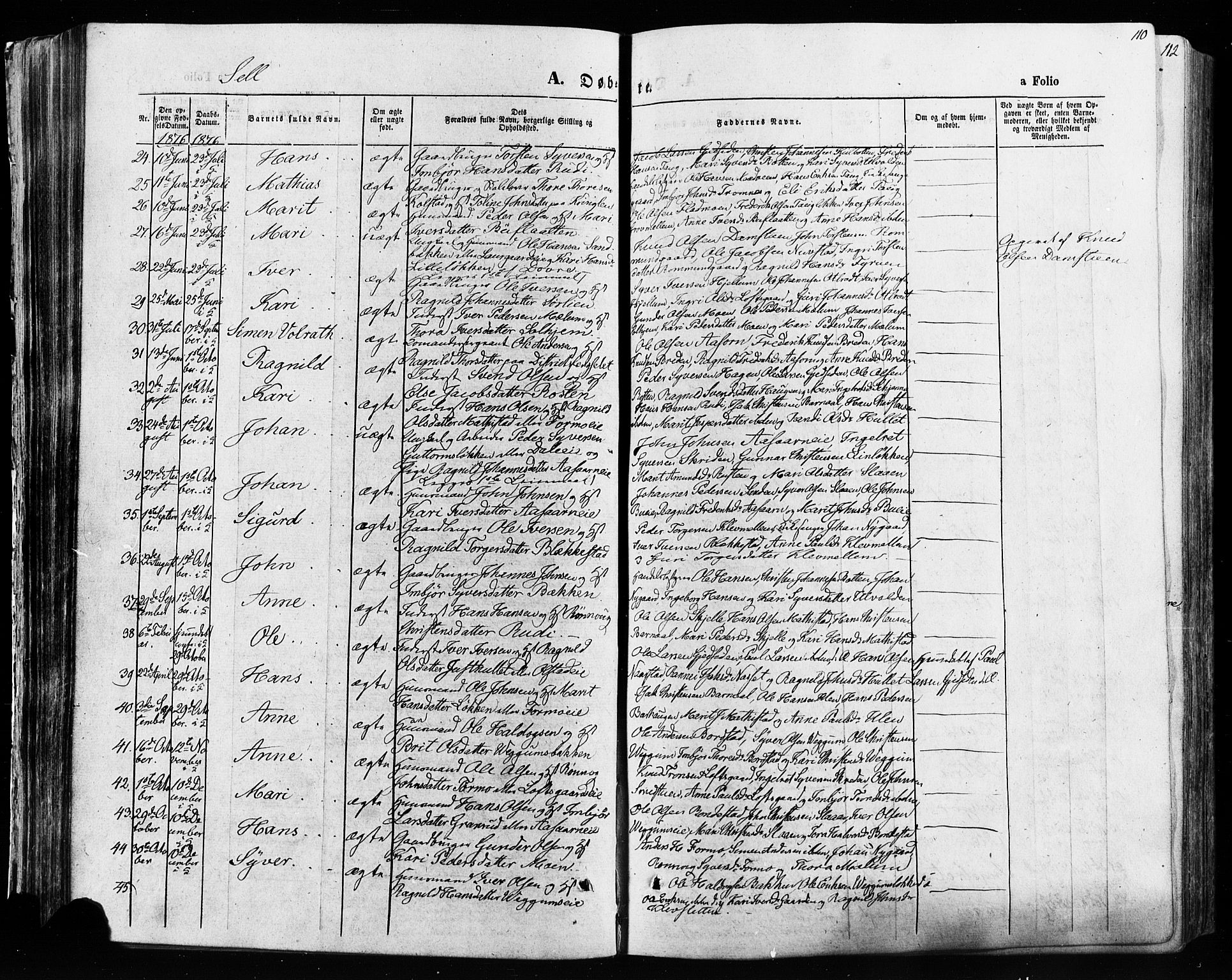 Vågå prestekontor, AV/SAH-PREST-076/H/Ha/Haa/L0007: Parish register (official) no. 7 /3, 1872-1886, p. 110