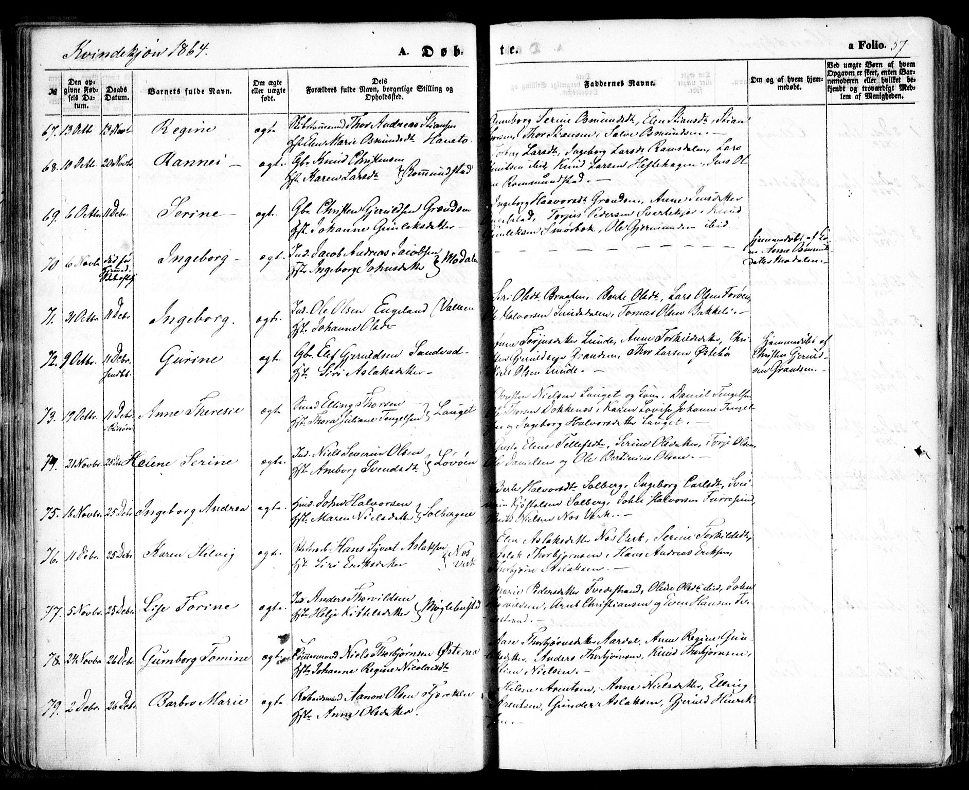 Holt sokneprestkontor, AV/SAK-1111-0021/F/Fa/L0009: Parish register (official) no. A 9, 1861-1871, p. 57