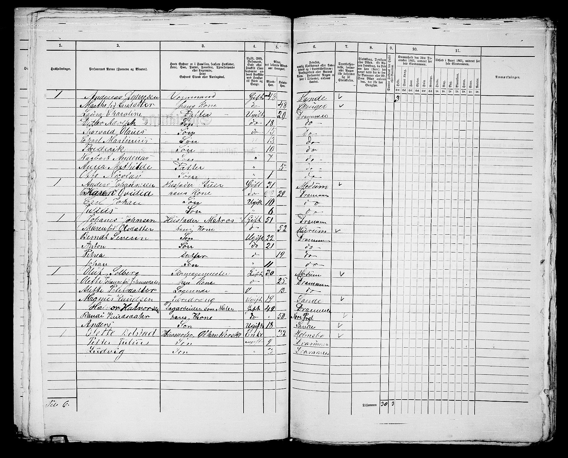 RA, 1865 census for Strømsø in Drammen, 1865, p. 868