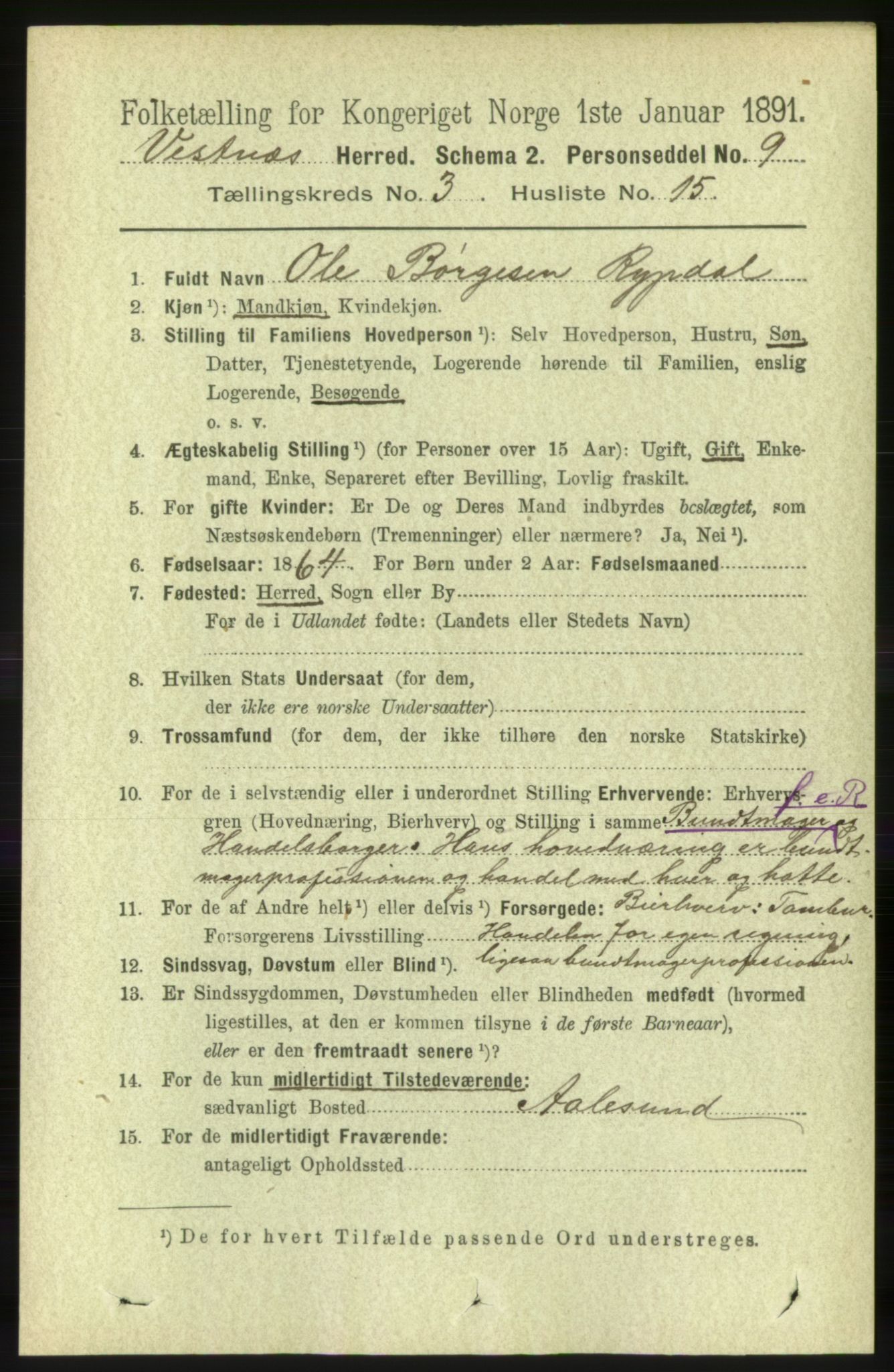 RA, 1891 census for 1535 Vestnes, 1891, p. 958