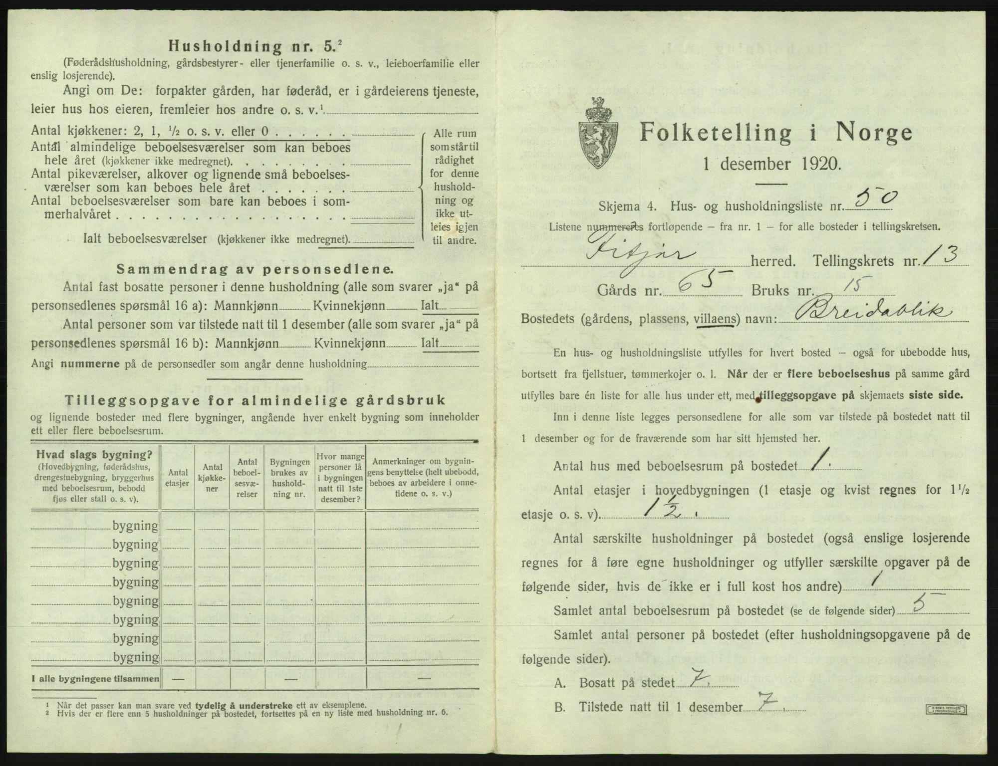 SAB, 1920 census for Fitjar, 1920, p. 824